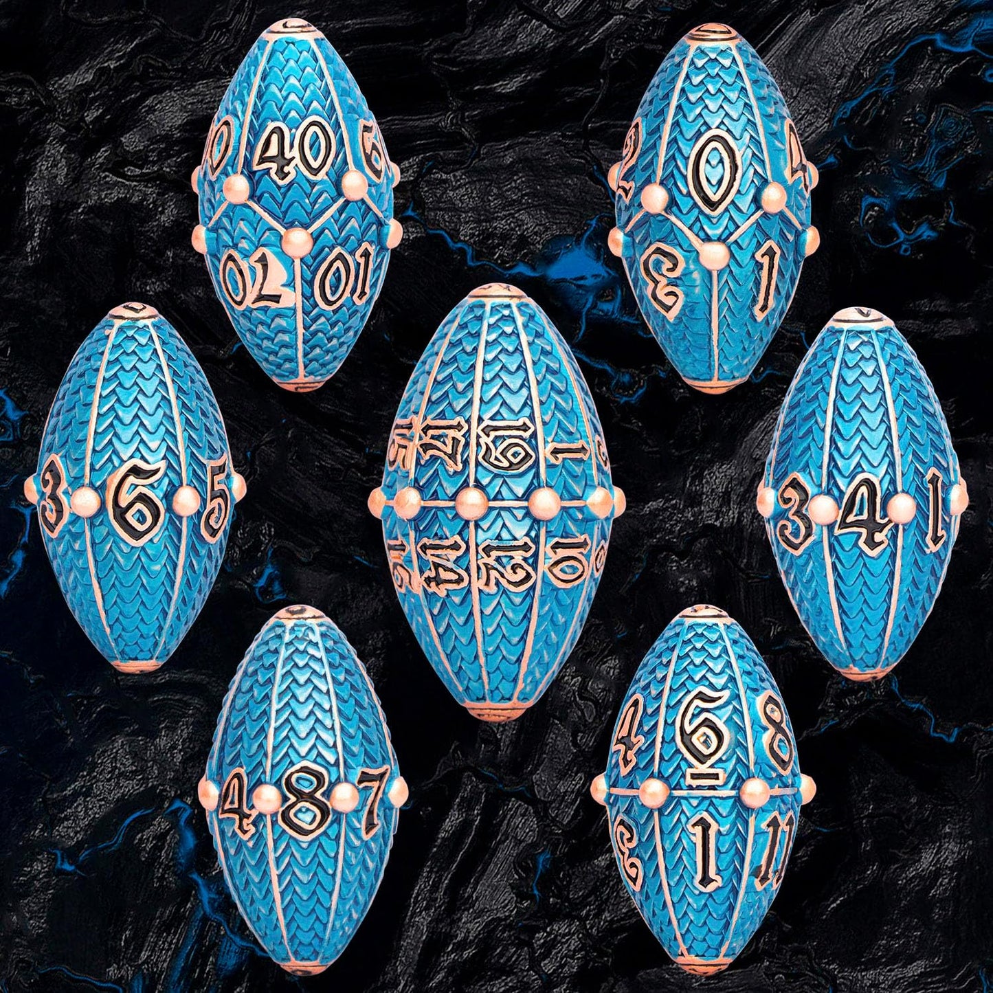 ARUOHHA DND Metal Dice Copper Blue Dragon Egg Dice with Metal Box, Role Playing Game RPG Polyhedral D and D Dice Set D20 D12 D10 D8 D6 D4