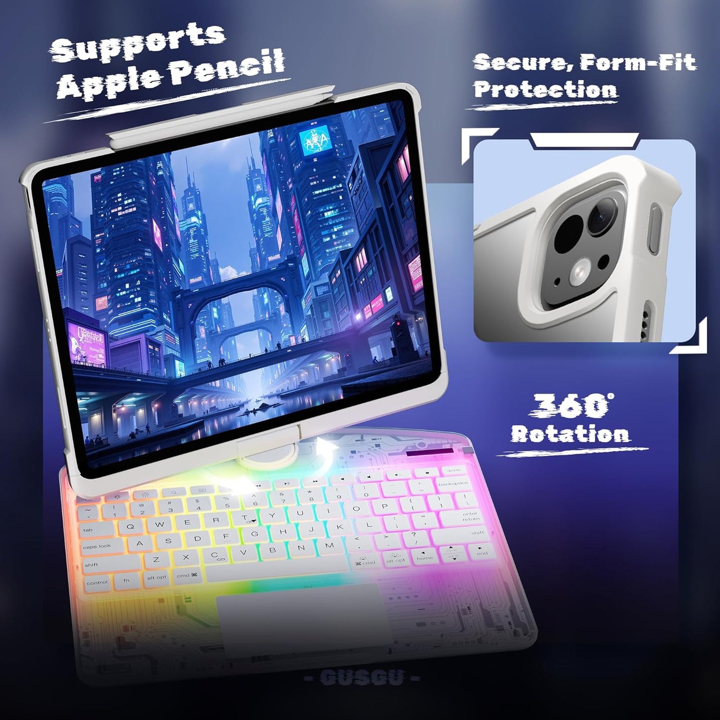 KITONE Transparent Case with Wireless Keyboard for iPad 10.2-in (7th, 8th, and 9th Gen), 7 Colors Backlight, Trackpad, 360°Rotating Stand, Tech Style