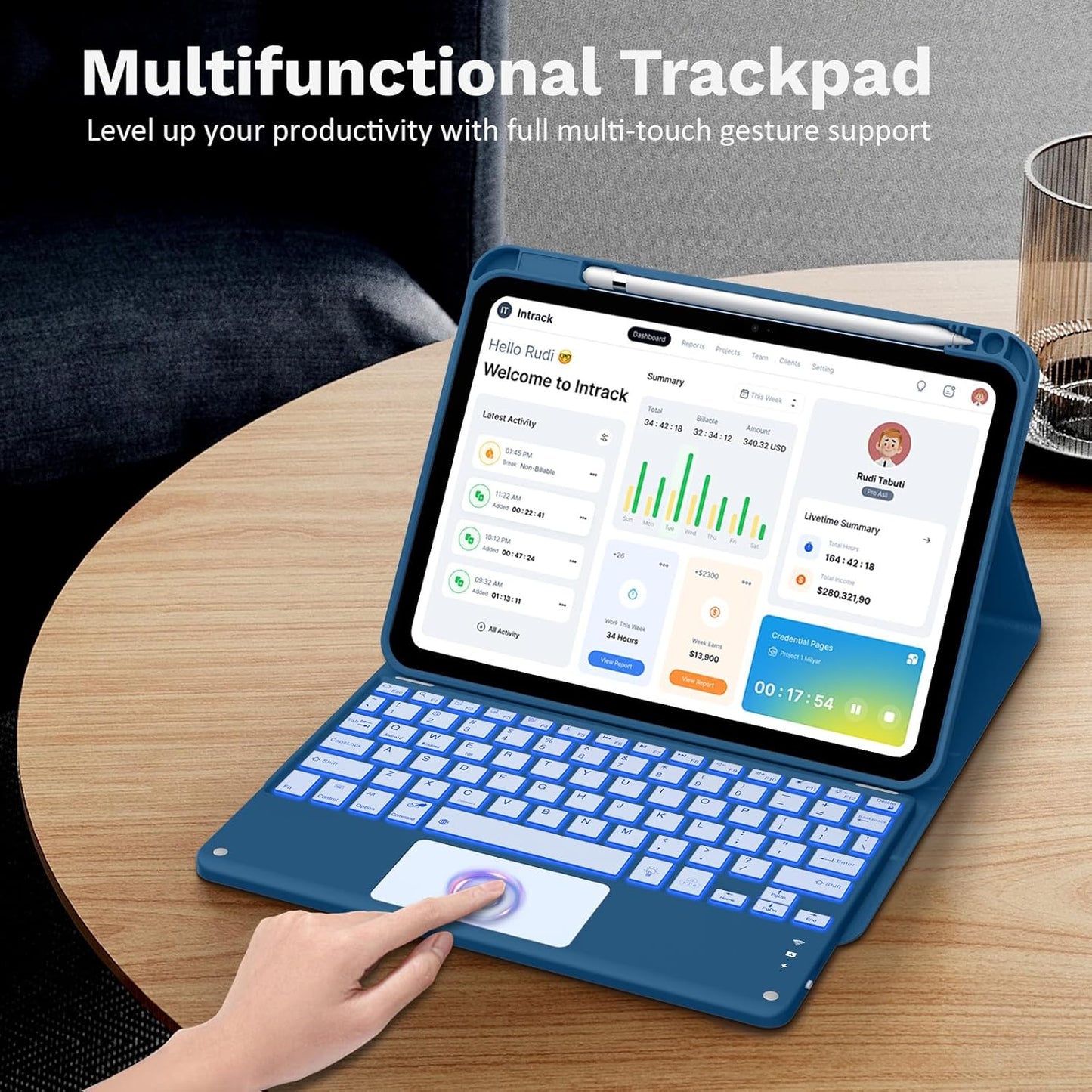 MoKo Touch Keyboard Case for iPad (A16) 11th Generation 11 inch 2025, iPad 10th Generation 10.9 inch Case with Pencil Holder,7 Colors Backlit Multi-TrackPad Detachable Bluetooth Keyboard,Dark Sea Blue