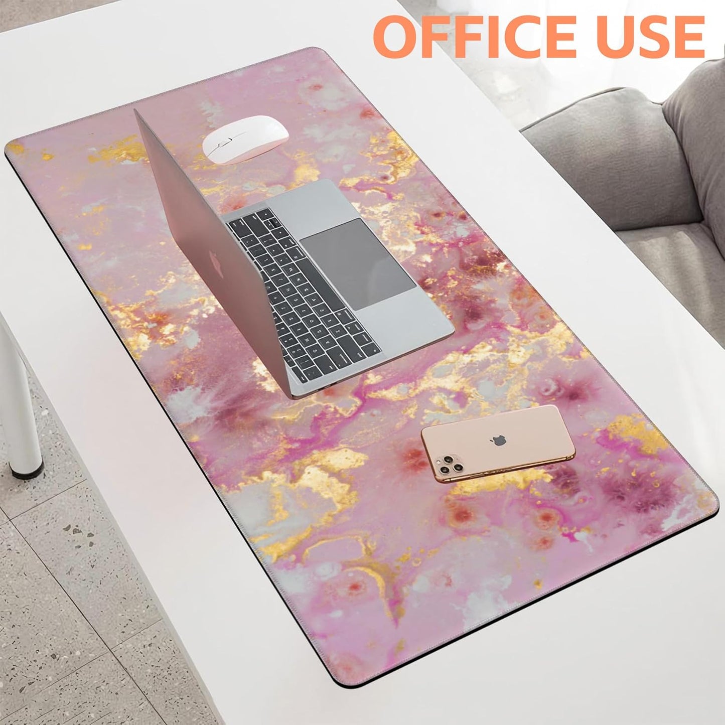 Mouse Pad Large Pink and Gold Marble Non-Slip Gaming Desk Mat with Stitched Edge Laptop Keyboard Desk Pad for Work Home Gaming (35.4 x 15.7 Inches)