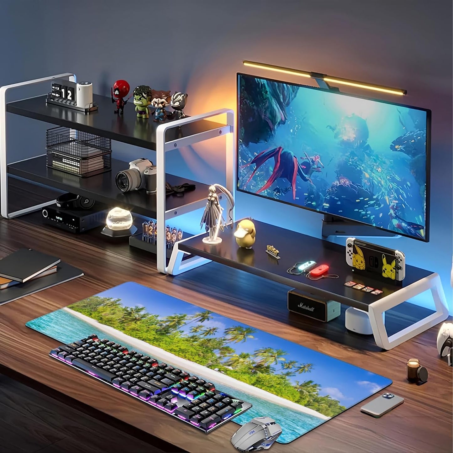 Tropical Nature Landscape Desk Mat,Large Summer Beach Seawater and Palm Trees Gaming Keyboard Mouse Pad,Non-Slip Rubber Base Desk Pad Thick Stitched Edges Waterproof Mousepad Mouse Mat 31.5"x11.8"