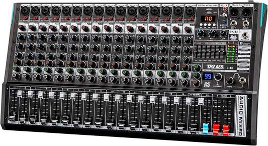 Audio Mixer, TKLBLS Professional 16 Channel DJ Mixer Board with 99-Bit DSP, Sound Board Mixing Console 7-Band EQ Output, USB Audio Interface, Bluetooth 48V Phantom Power For Karaoke Studio Streaming