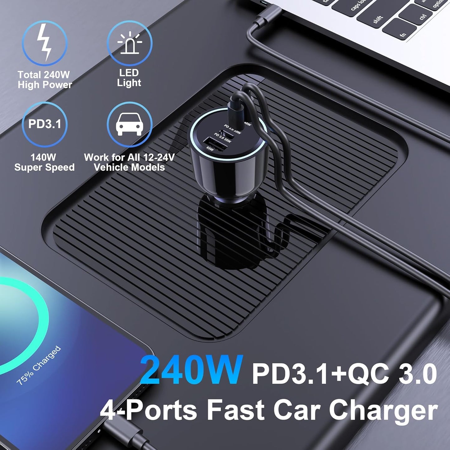 URVNS 240W USB C Car Charger, Super Fast Charging 4-Ports PD3.1 140W/PD3.0 100W PPS 45W QC65W Type-C Car Adapter for MacBook Pro Laptop iPhone 16 15 Max iPad Samsung Galaxy S24/23 Pixel etc