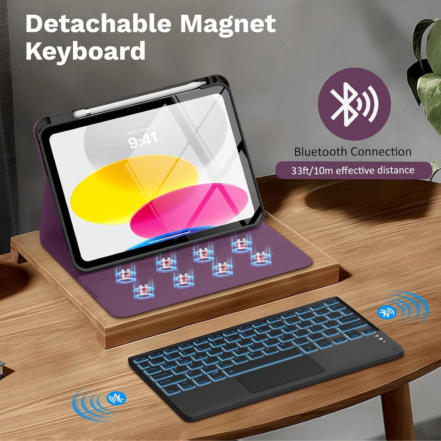 MoKo Touch Keyboard Case for iPad (A16) 11th Generation 11 inch 2025, iPad 10th Generation 10.9 inch Case with Pencil Holder, 7 Colors Backlit Multi-TrackPad Detachable Bluetooth Keyboard, Dark Purple