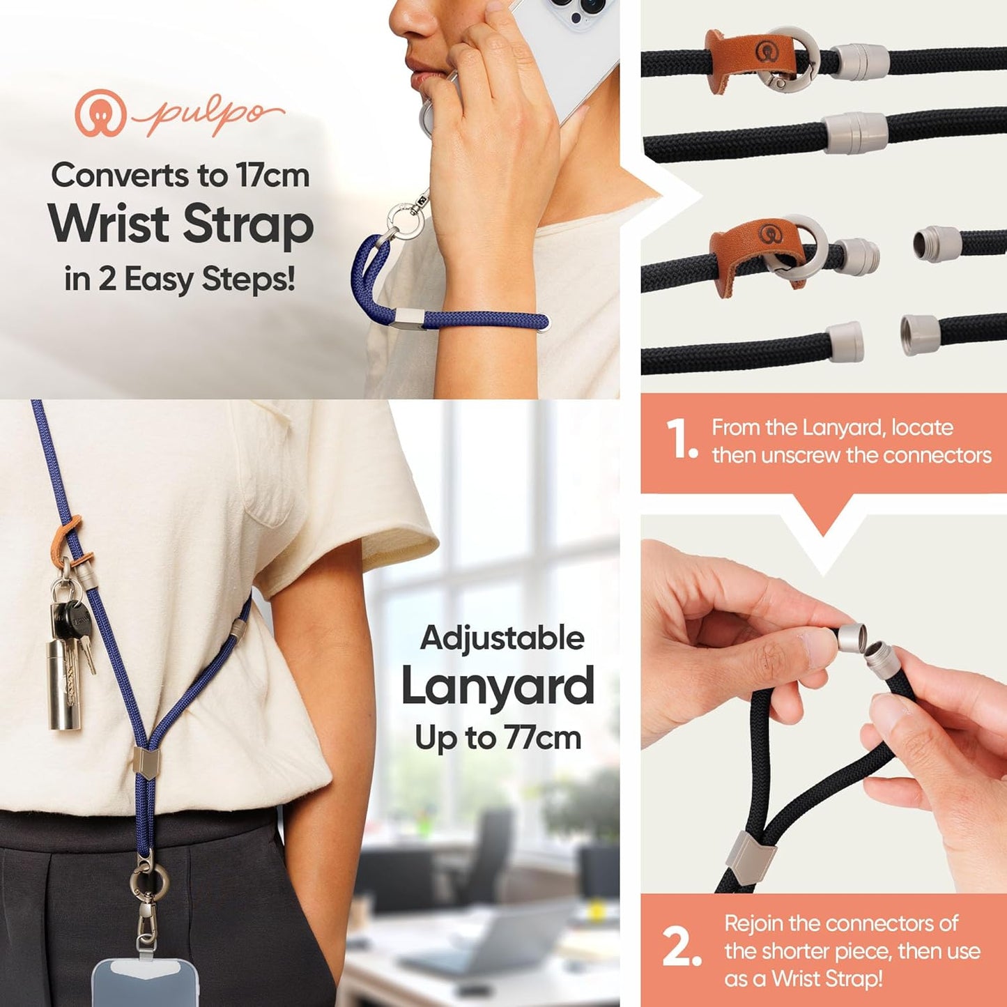 Pulpo 2-in-1 Cell Phone Wrist Strap and Lanyard Navy - Anti Theft Phone Lanyard for Men & Women, Wrist Straps for Phones, Lanyards for Smartphones, Adjustable Cellphone Leash & Safety Strap Tether