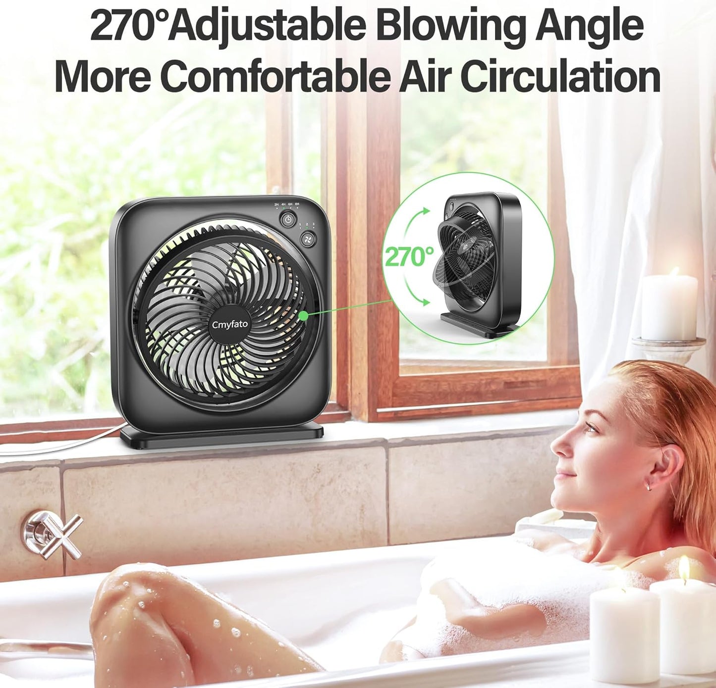 Portable Table fan, Window Fan,Small Box Fan with 3 Powerful Speed & 4 Timer Setting, 270° Pivoting Quiet Square DC Fan for Home Office Bedroom Bathroom Kitchen