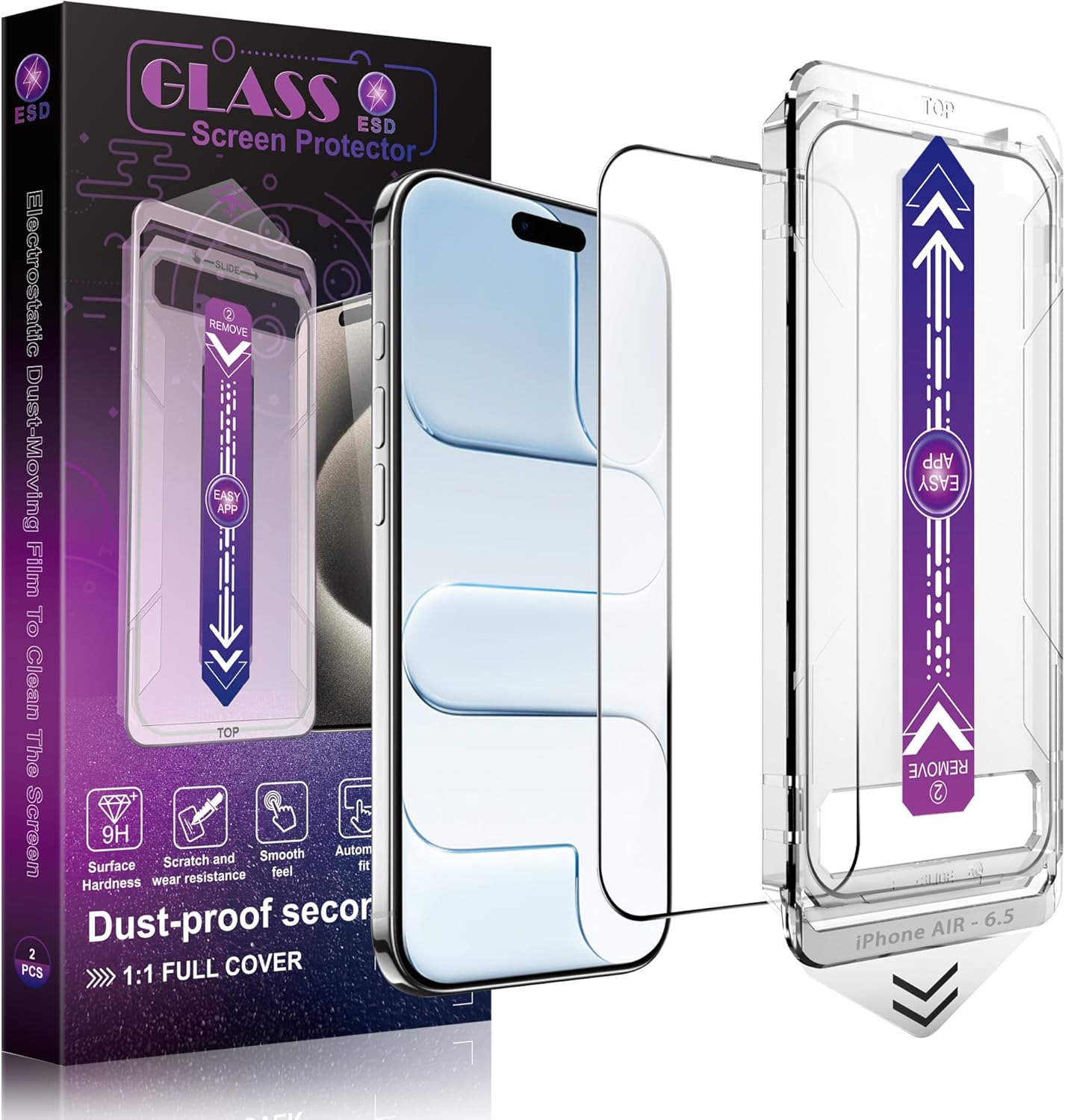 Screen Protector for iPhone Air 6.5-Inch, 2 Pack, 9H Tempered Glass, HD Clear, Full Cover, Anti-Fingerprint, Easy Installation