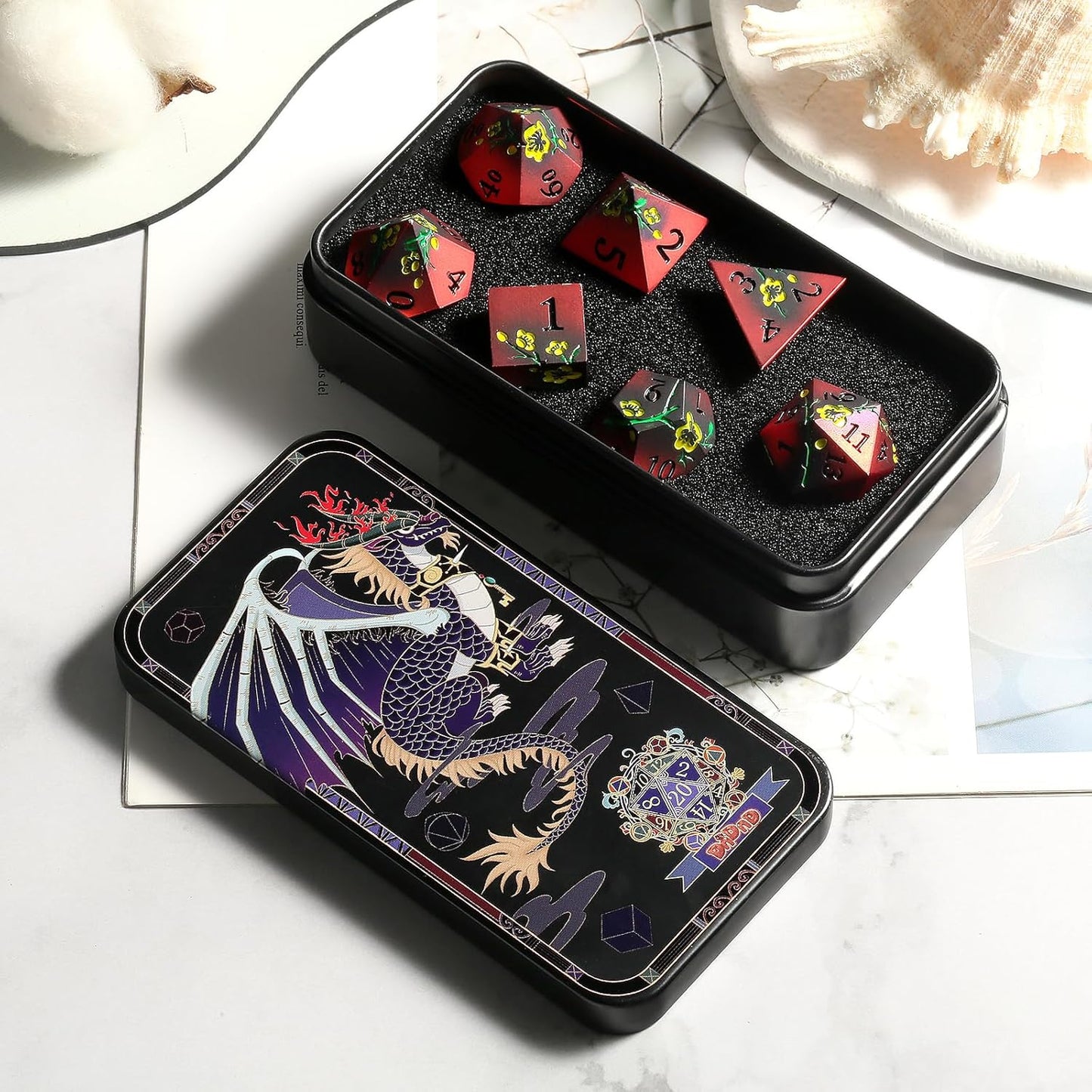 DNDND Metal Dice, 7 PCS Metallic Flowers D&D Dice with Gorgeous Gift Case for D&D Dungeons and Dragon Tabletop Game (Red and Yellow)