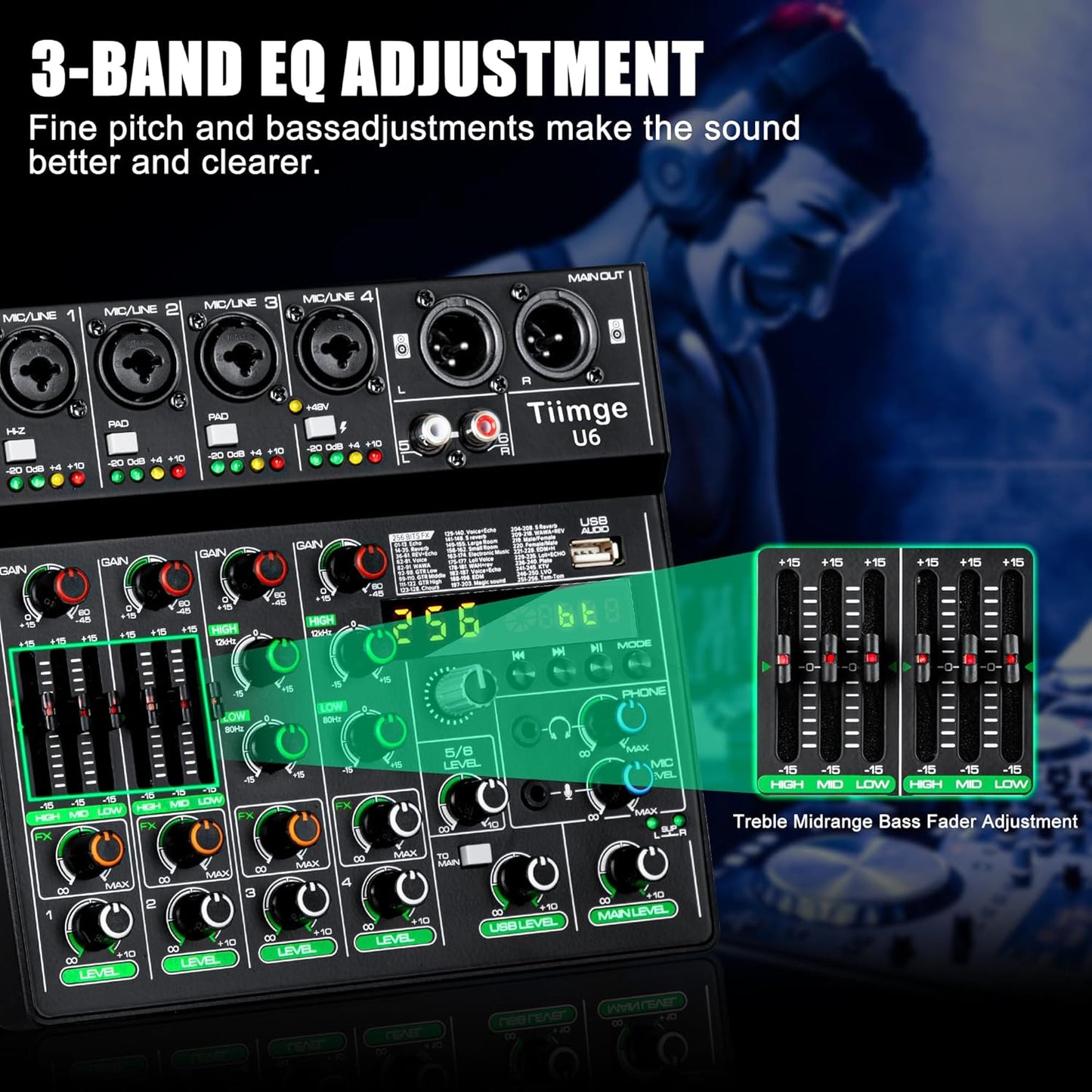 Professional 6-Channel Audio Mixer with 256 DSP Effects,48V Phantom Power,Bluetooth,MP3,USB Recording Input,Portable Sound Mixing Console for Streaming,DJ Show,Karaoke