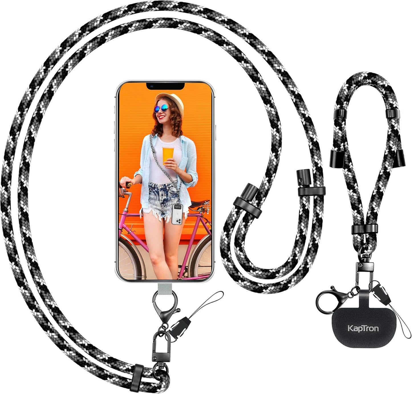 Universal Phone Lanyard with Wrist Strap, Adjustable Crossbody Cell Phone Lanyard Neck Strap and Wristlet Strap with 2 Lobster Clips, Phone Tether Patches and Phone Straps (Black/White/Gray, 2 Pack)