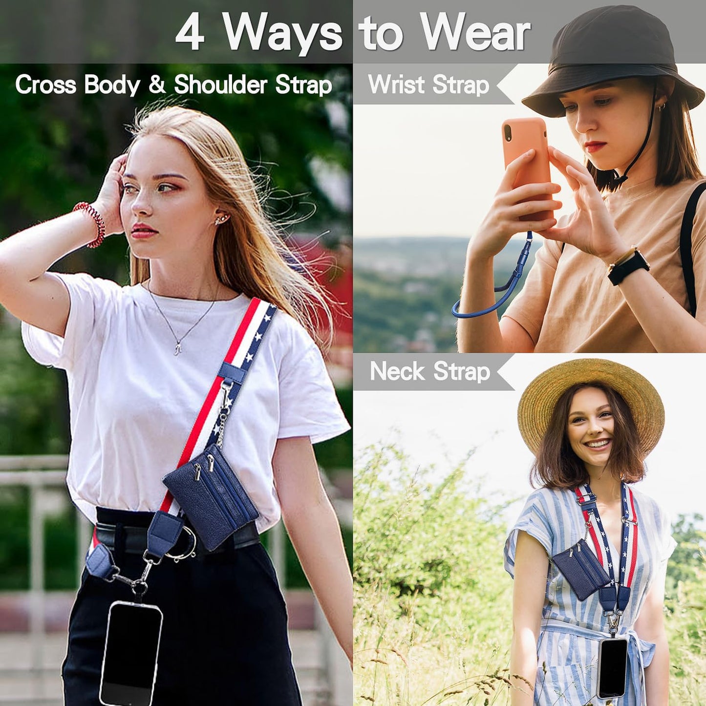 Clip and Go Phone Crossbody Strap with Wallet, 2 Pcs-Crossbody Lanyard & Wrist Holder for Cell Phones-2 Pads, Save Girls Phone Strap with Zipper Bag, Adjustable Neck Lanyard for Women (Flag Color)