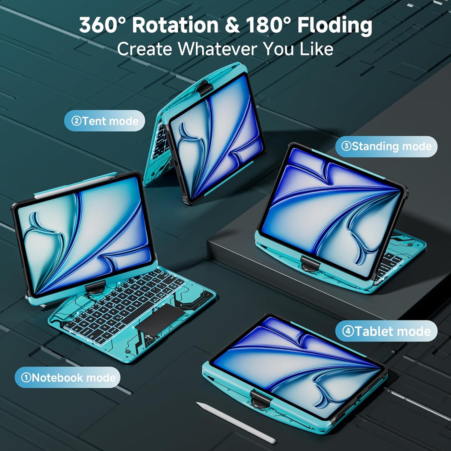 iPad Keyboard Case for iPad 10th Gen (2022) & 11th (A16, 2025), Magic Wireless Keyboard with Trackpad 7 Color Backlit, 360° Rotating Stand Transparent Protective Cover with Pencil Holder (Cyan)