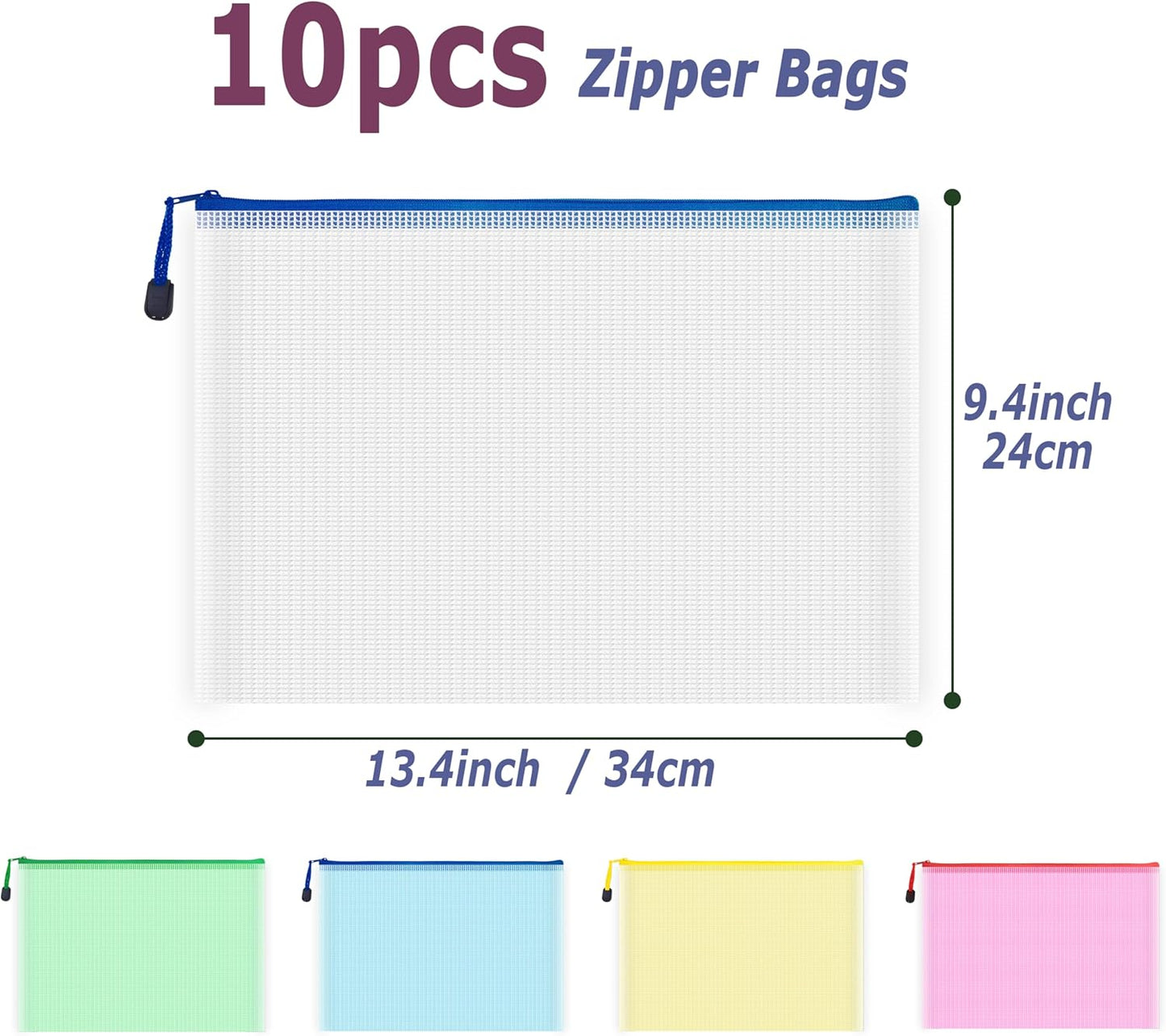 AUSTARK 10 Pcs Zipper File Bags, Waterproof Plastic Mesh Pouch for Office School, Board Game Storage Bags (A4 Size 13.4''x9.4'', Multicolored)