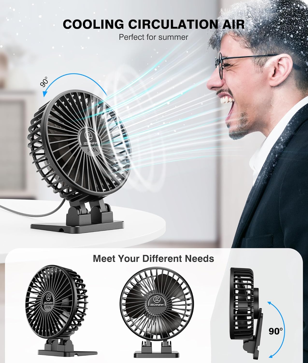 JZCreater USB Desk Fan, Mini Portable, 3 Speeds - Quiet Personal Cooling Fan for Home Desktop Office Travel Bedroom, Deep Black (2Pack)