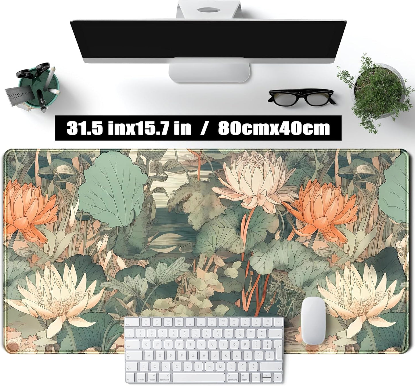 Light Emerald and Orange Floral Desk Mat, XXL Large Extended Mouse Pad Gaming Desk Pad, Aesthetic Asian Lotus Flower Big Laptop Keyboard and Mouse Mat for Women Desktop Office Decor 31.5x15.7 in