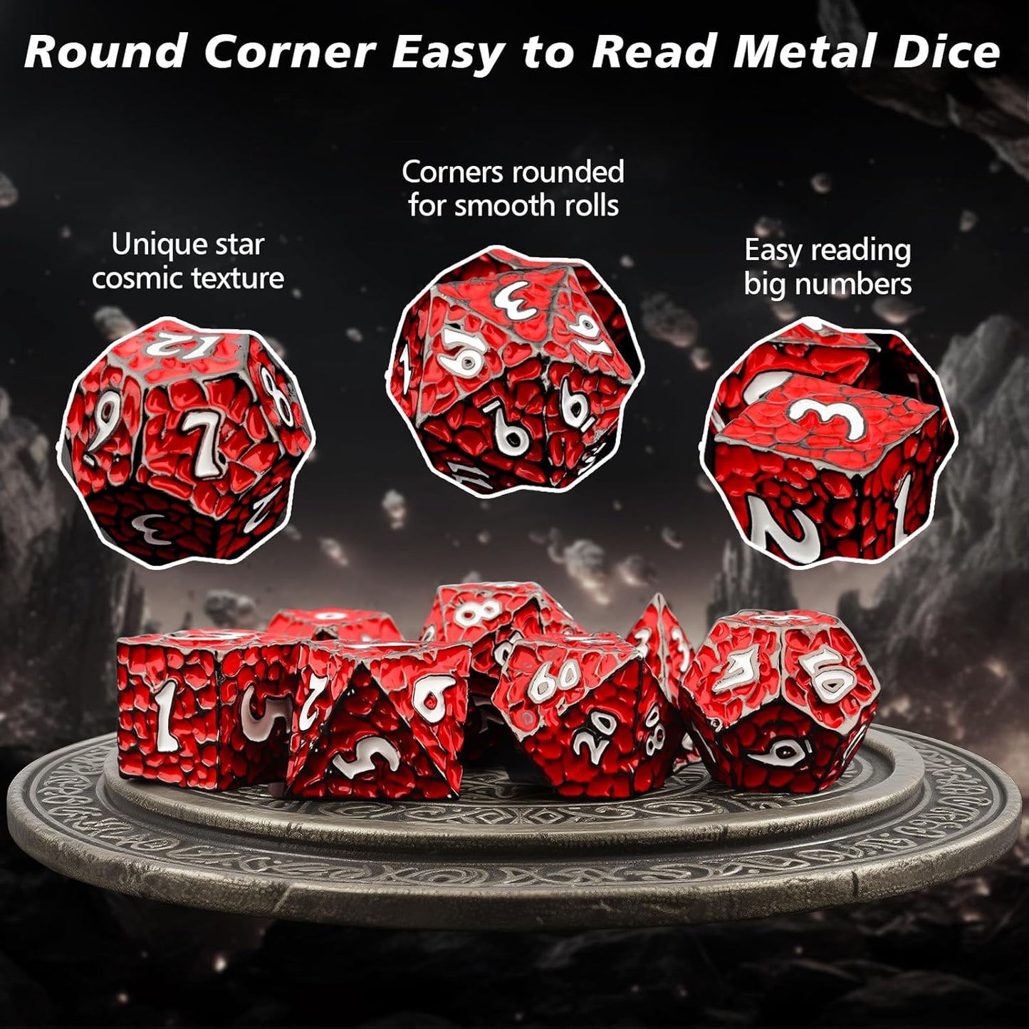 PJOY Metal D&D Dice Set for Dungeons and Dragons Dice with Case Meteorite Black Red 16mm Role Playing Cool DND Gifts for Players DM Board Game Masters