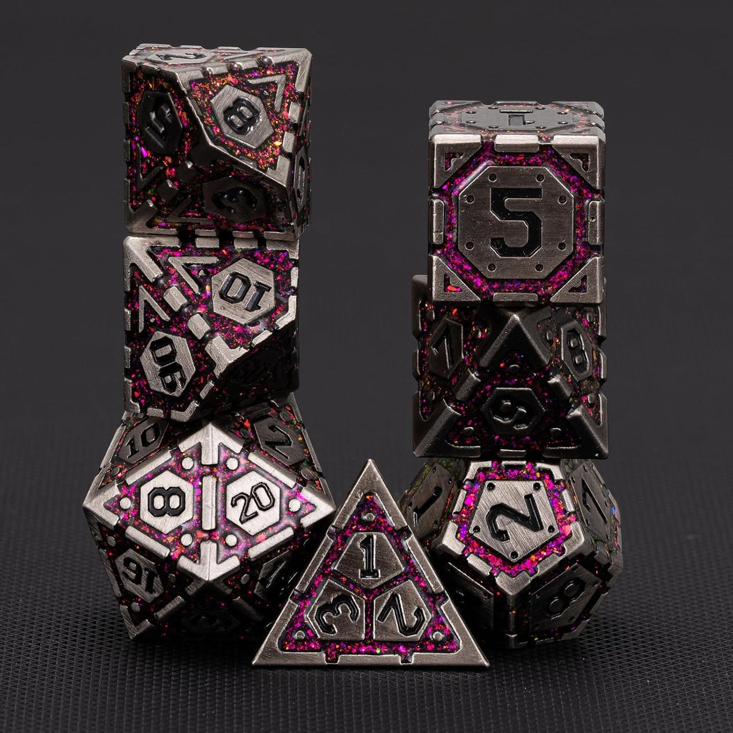 Metal DND Dice Set, Polyhedral Metallic Dice with Cracks for Dungeons and Dragons RPG TTRPG D&D 7-Die Set with Gift Case