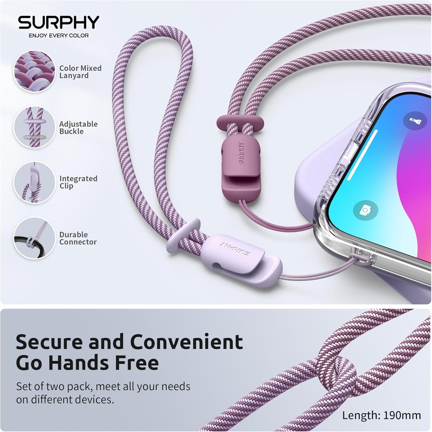 SURPHY 2 Pack Phone Lanyard for Cellphone Case, Phone Wrist Strap for Case, Cellphone Strap with 2-Color Braided, Charm Wrist Lanyard for Women and Men, Lilac & Lilac Purple