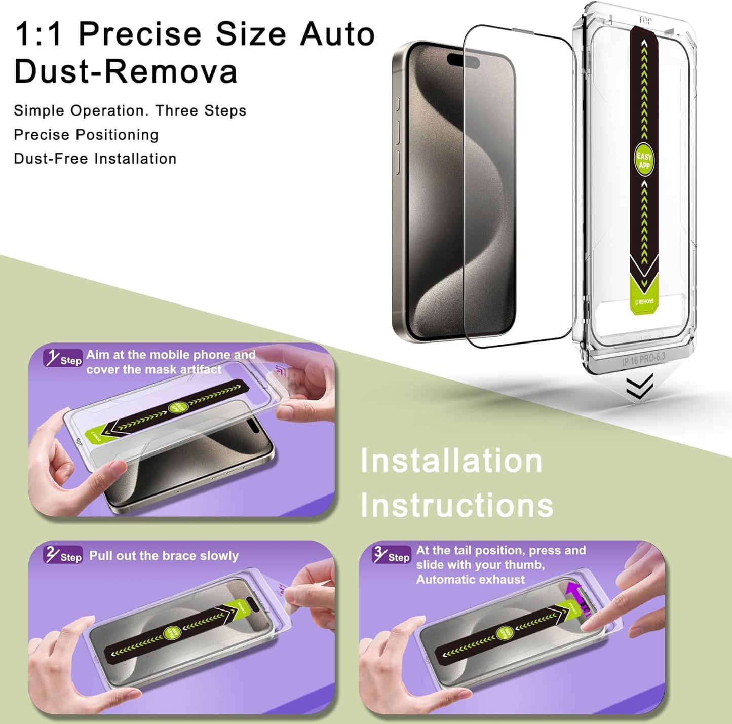 [2-Pack Ultra HD Clear Screen Protector for iPhone 16 Pro (6.3-Inch),9H Tempered Glass,Full Coverage,Anti-Fingerprint,Auto Dust Removal,Bubble-Free,Easy Installation