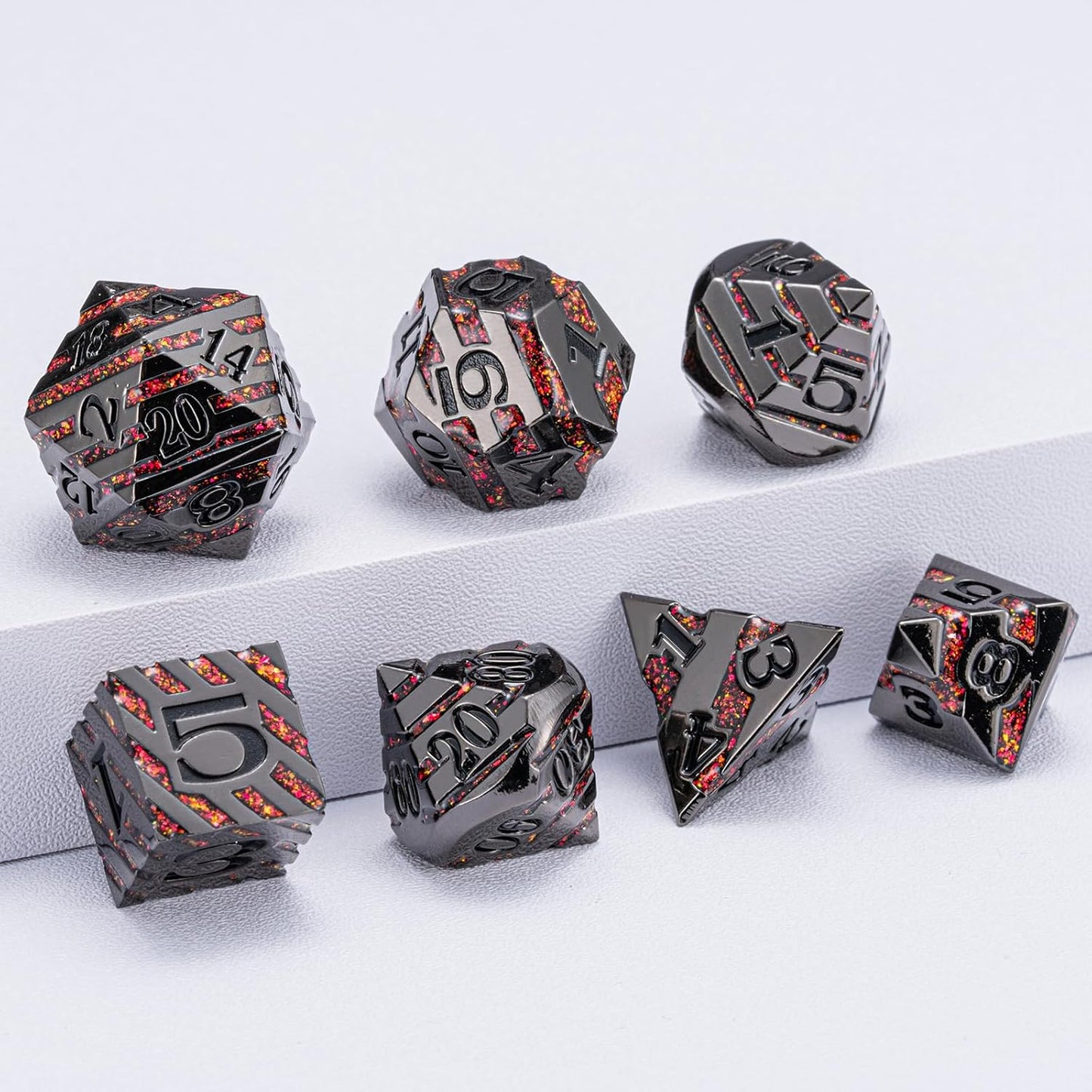 Metal Dice Set DND,Metallic Glitter Stripes D&D Dice Set,7 PCS Polyhedral Dice Set with Gift Case for Dungeons and Dragons Tabletop Game(Black Nickel Red)