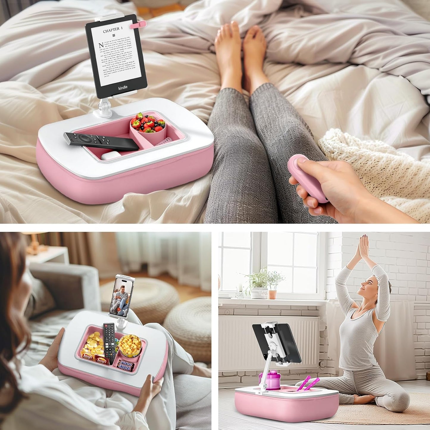 Lap Beanbag Tablet Pillow Stand with Snack Bowl and 360° Rotating Arm, Adjustable iPad Holder for Bed, Couch, and Recliner, Compatible with 4.7"-13" Kindle, iPad, Tablet, Phone,Pink
