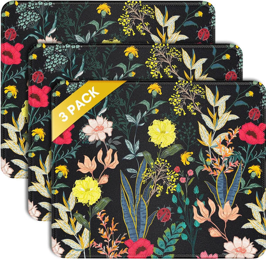 JIKIOU 3 Pack Mouse Pad with Stitched Edge, Comfortable Mouse Pads with Non-Slip Rubber Base, Washable Mousepads Bulk with Lycra Cloth, Mouse Pads for Computers Laptop Mouse 10.2x8.3in Black Flowers