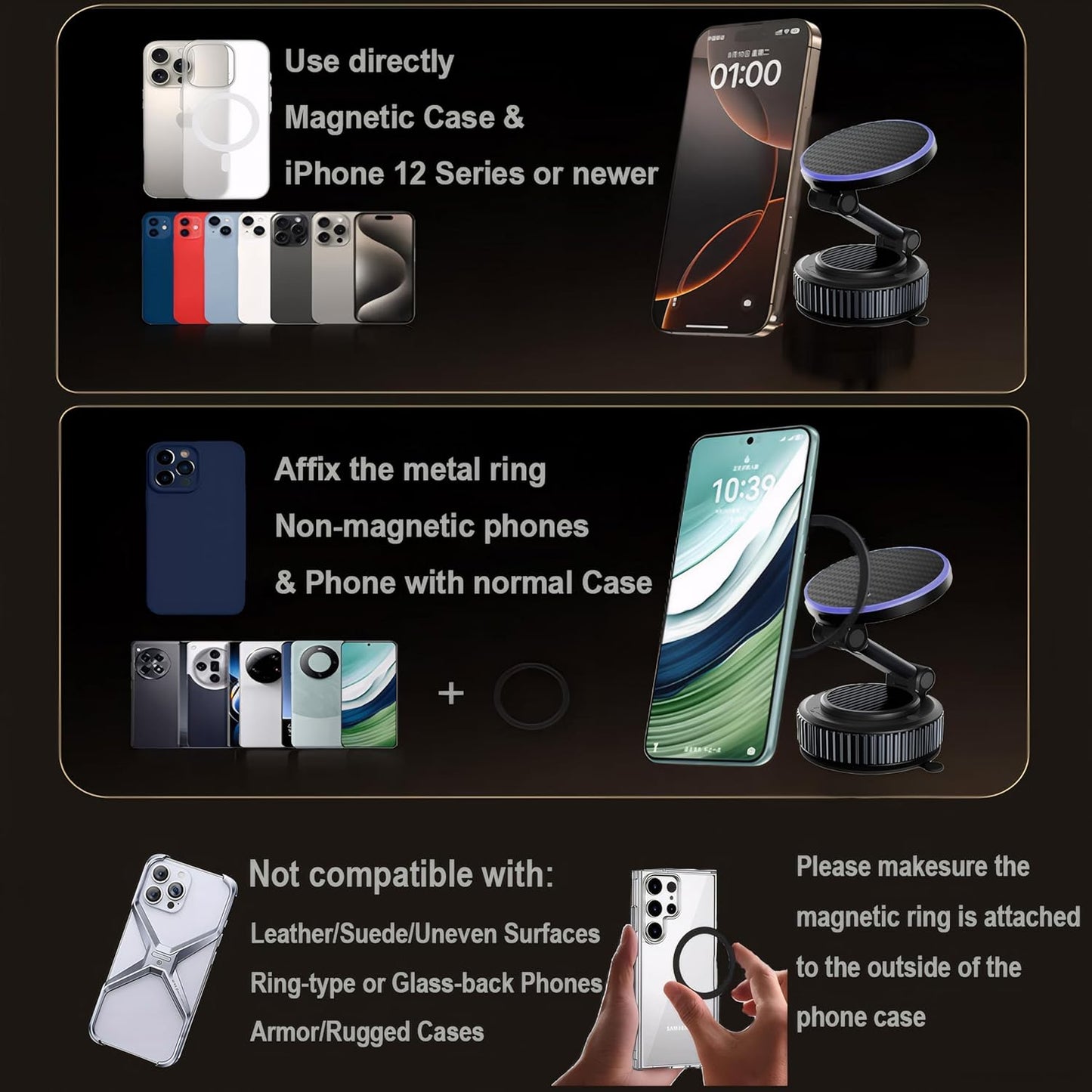 Vacuum Magnetic Phone Holders 15W for Magsafe Car/Motorcycle Mount Wireless Charger 360°Adjustable [78+LBS Strongest Suction & 2400gf Strongest Magnetic] Phone Holder for iPhone 16 15 14 13 12