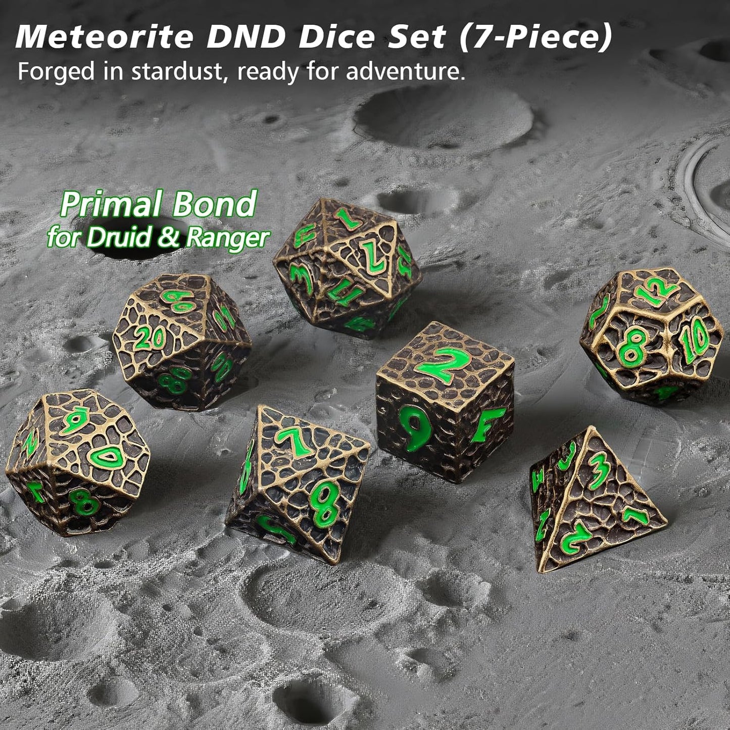 PJOY Metal Dice Set D&D for Dungeons and Dragons Green Metal Druid DND Dice with Case Meteorite Bronze 16mm 7PCS Role Playing Cool DND Gifts for Players DM Game Masters