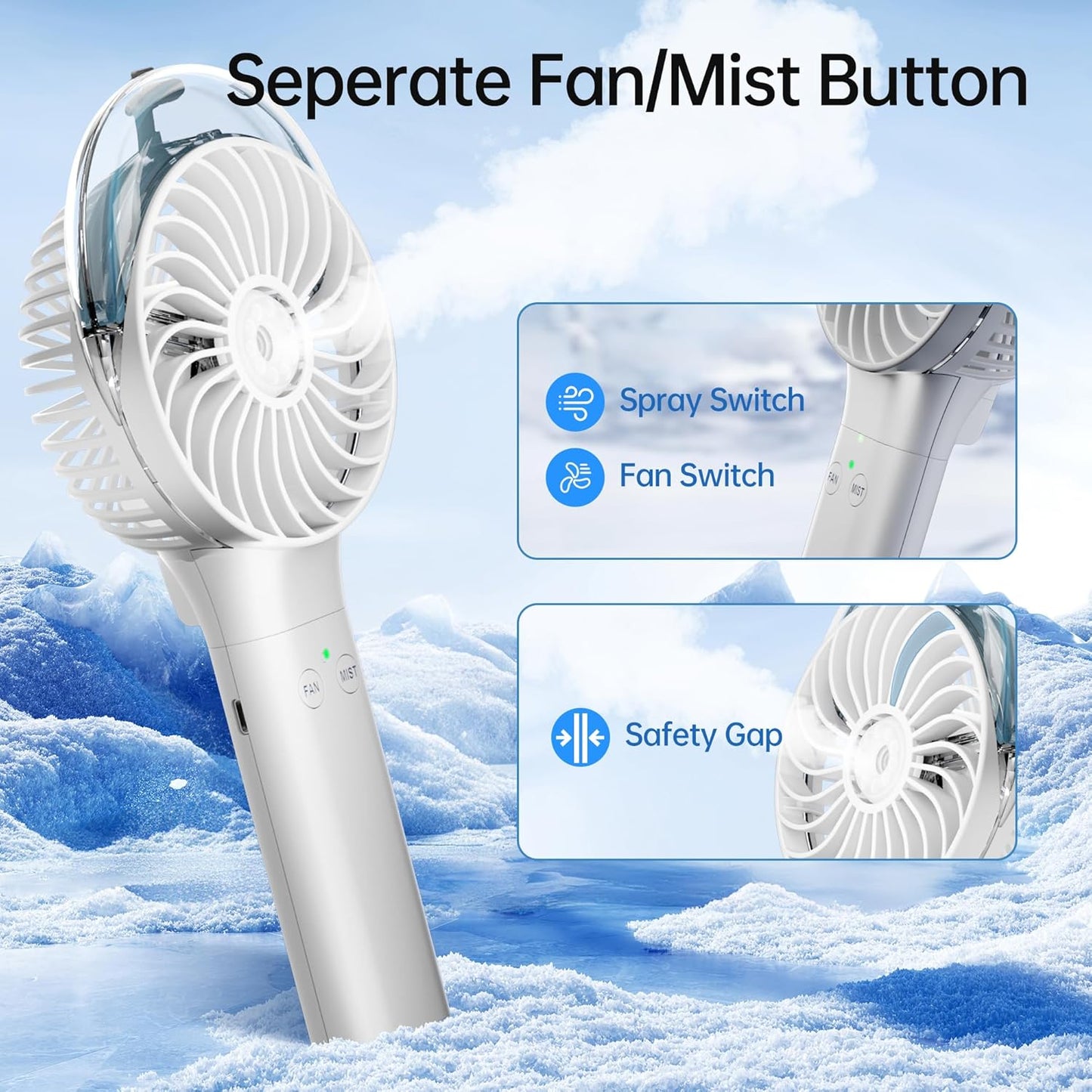 PANERGY Handheld Misting Fan – Rechargeable Battery Operated,Handheld Personal Fan with Mist Spray, Electric Hand Fans, 180° Foldable Mister Fans for Travel, Camping, Disney, Concerts, Office(White)