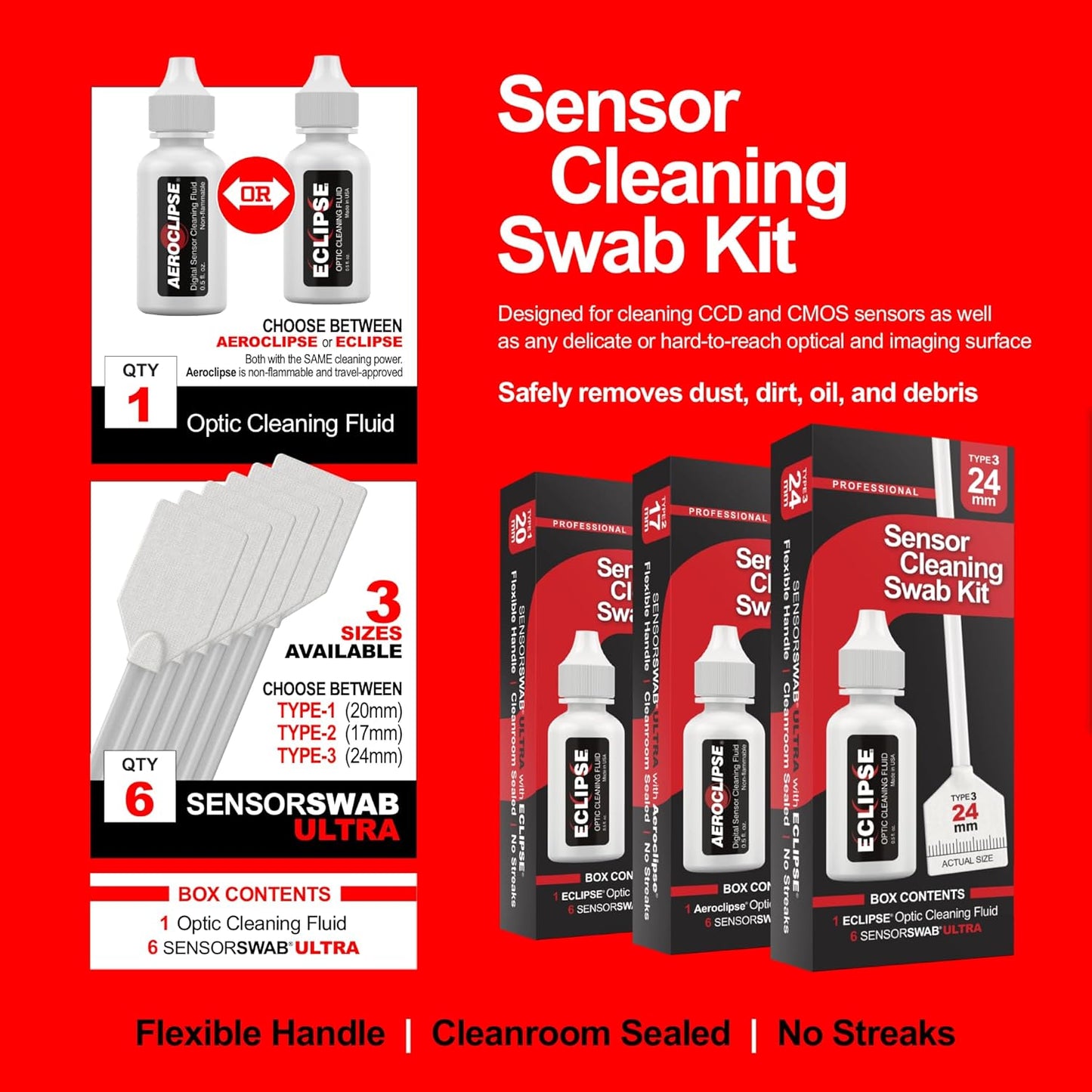 Sensor Cleaning Swab Kit - Eclipse Optic Cleaning Solution (0.5oz/15ml) + Type-3 Sensor Swab Ultra 24mm (Pack of 6) - for Full Frame CMOS and CCD Sensors - Dust & Oil Remover