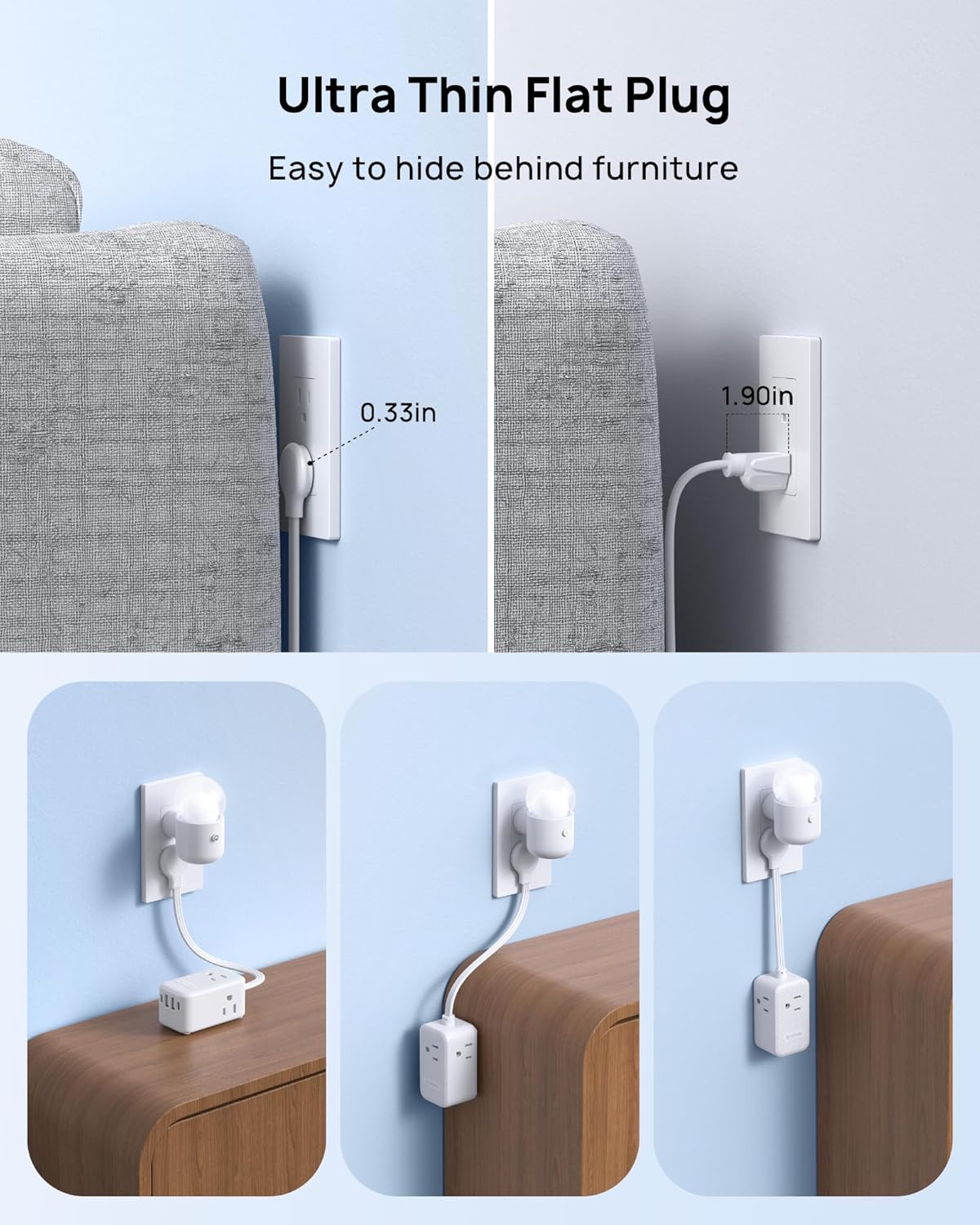 TROND Outlet Extender with 6 Inch Cord - Multi Plug Wall Outlet with PD 20W USB C Plug Adapter, Ultra Short Extension Cord, 3 Way Power Splitter for Bathroom Kitchen Office Dorm Travel Essentials