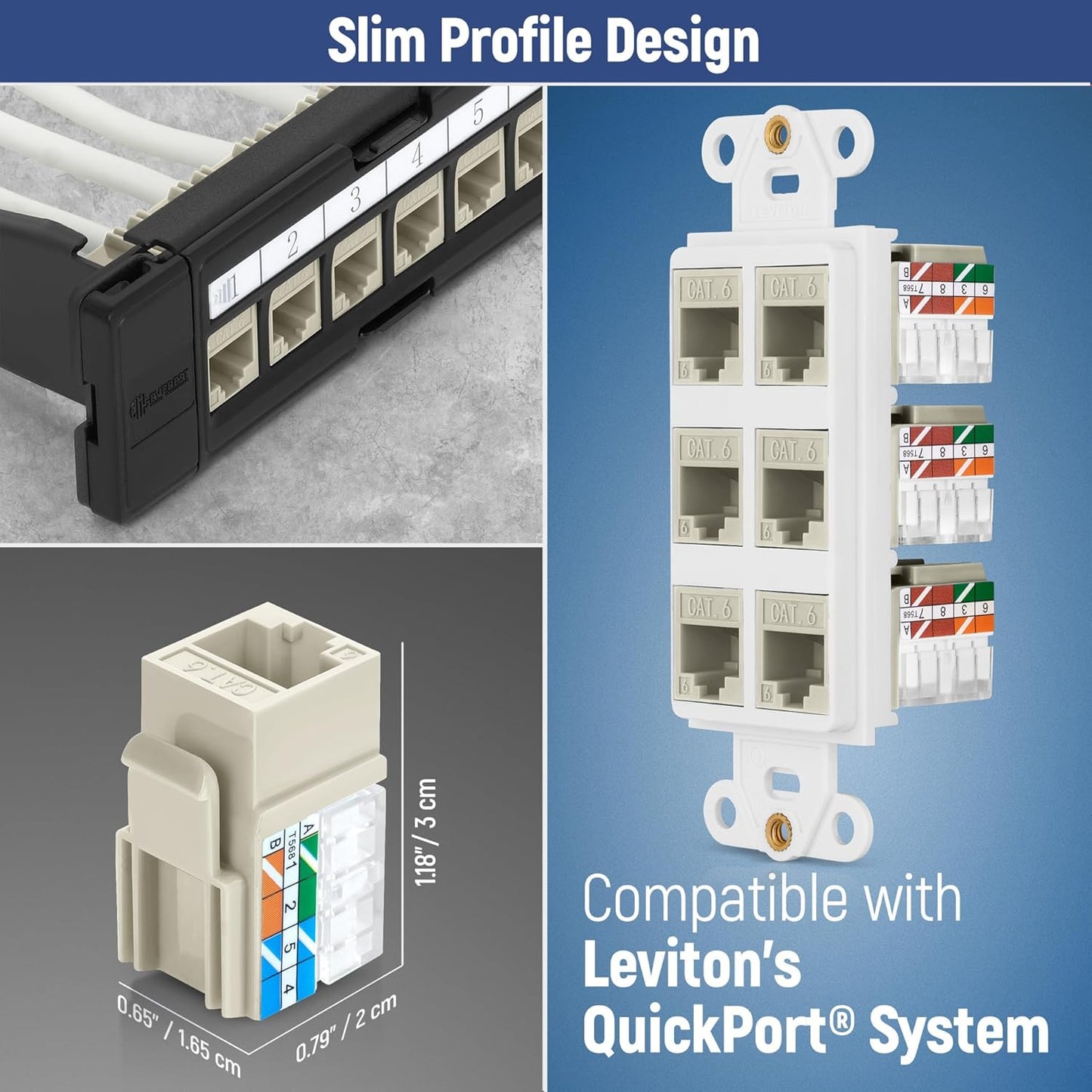 Everest 90° Angled RJ45 Cat6 Keystone Jacks 20-Pack in Ivory - Slim Profile Female RJ45 Connectors - Cat 6 Keystone Jack - Compatible with 90° Angled Speed Termination Tool - easyJACK (B094WB91H3)