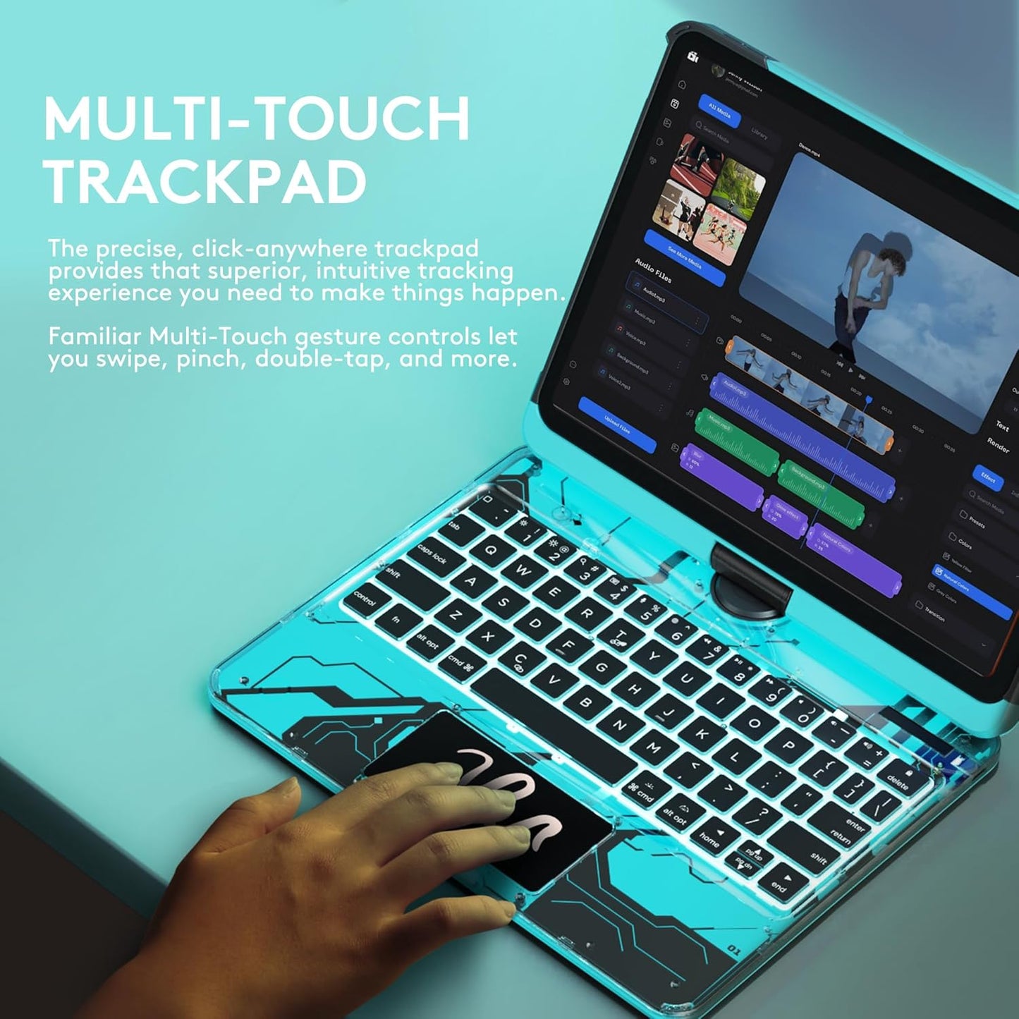 GUSGU Transparent Case with Wireless Keyboard only for 2024 iPad Pro 13-in.(M4), 7 Colors Backlight, Trackpad, 360°Rotating Stand for iPad Pro 13, Tech Style