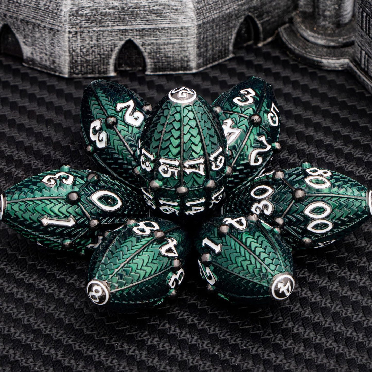 ARUOHHA DND Metal Dice Black Green Dragon Egg Dice with Rotating Dragon Egg Shell, Role Playing Game RPG Polyhedral D and D Dice Set D20 D12 D10 D8 D6 D4
