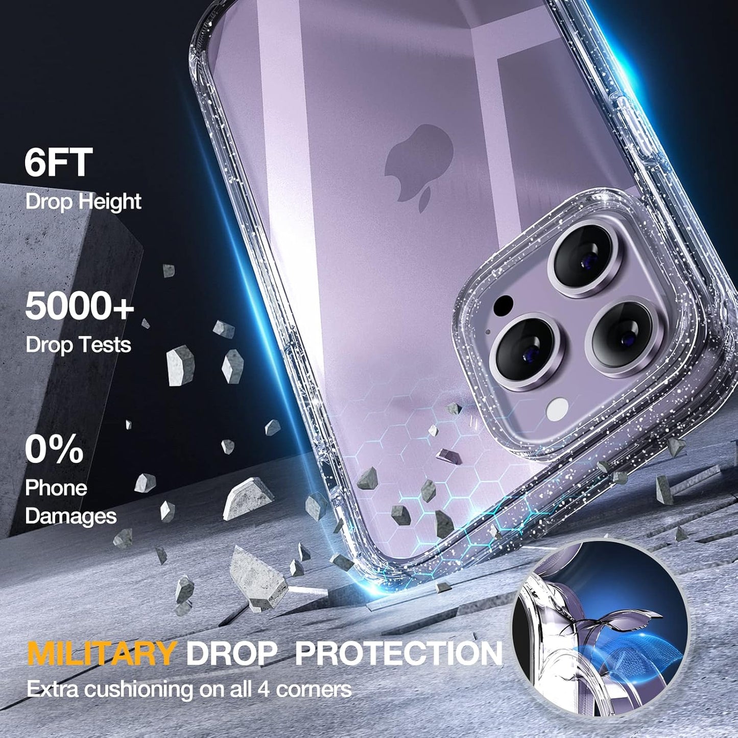 Miracase Glass Series Designed for iPhone 14 Pro Case 6.1 Inch, Upgrade Full-Body Bumper Case with Built-in 9H Tempered Glass Screen Protector, with Camera Lens Protector, Glitter Clear