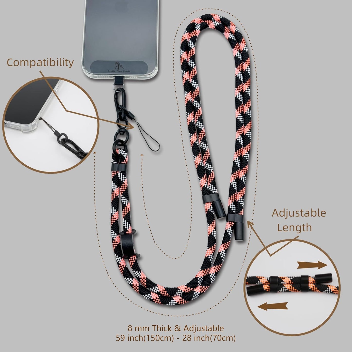Adjustable Cell Phone Lanyard Crossbody Smartphone Strap Soft Rope Phone Lanyard for Around the Neck Holder (Orange/Black)