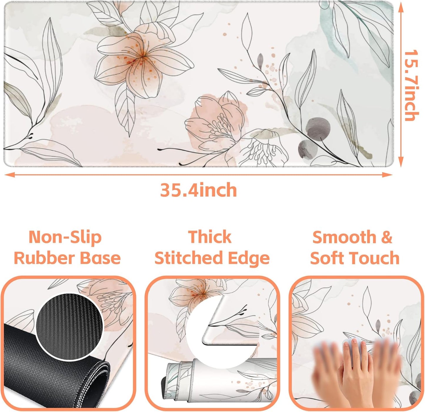 Mouse Pad Large Flowers Watercolor Texture Non-Slip Gaming Desk Mat with Stitched Edge Laptop Keyboard Desk Pad for Work Home Gaming (35.4 x 15.7 Inches)