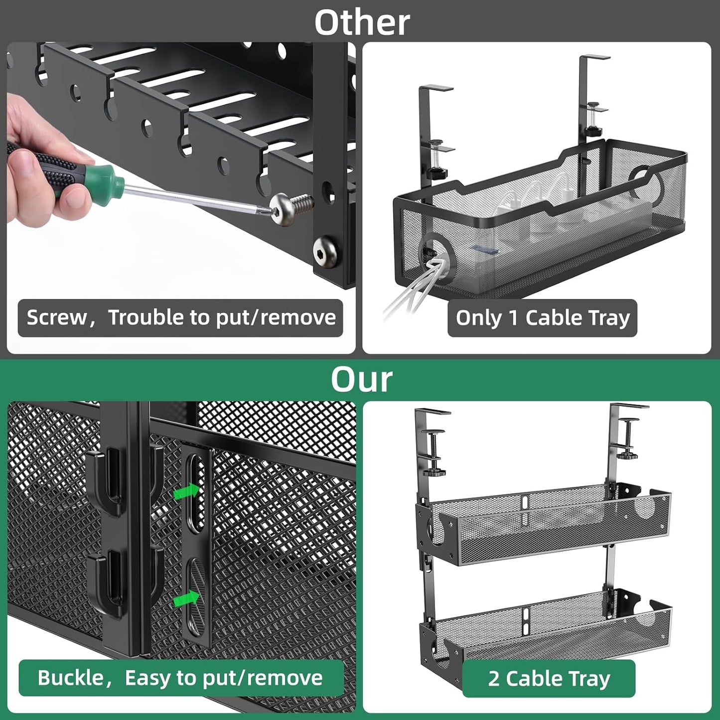 Multi-Model Under Desk Cable Management Tray 2 Packs Metal Under Desk Wire Management Clamp Mount Under Table Cord Management No Damage The Desk (Black)