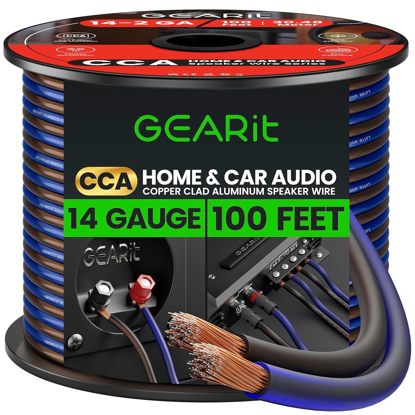 GEARit Speaker Wire 14 Gauge, Speaker Cable 100ft for Car Audio, Home Theater, CCA(Black Blue)