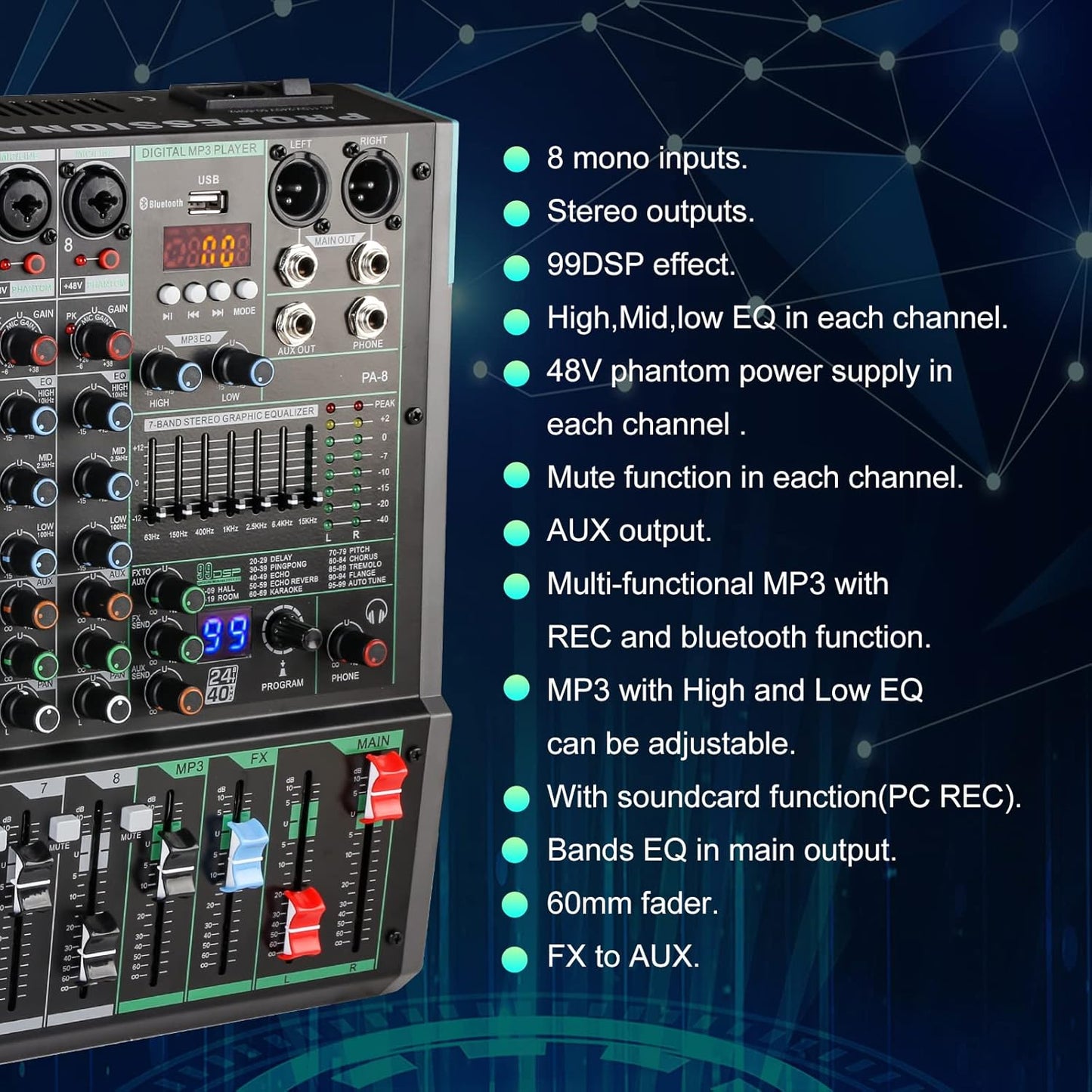 8 Channel Dj Mixer, Dj Board for Pa Stage systems with 99 Kinds of DPS Digital Effects,Echo+Delay Effect,Mic/Line XLR+6.35mm Input, AUX, Usb,MP3 Player,Recording Headphone Jack,PA-8