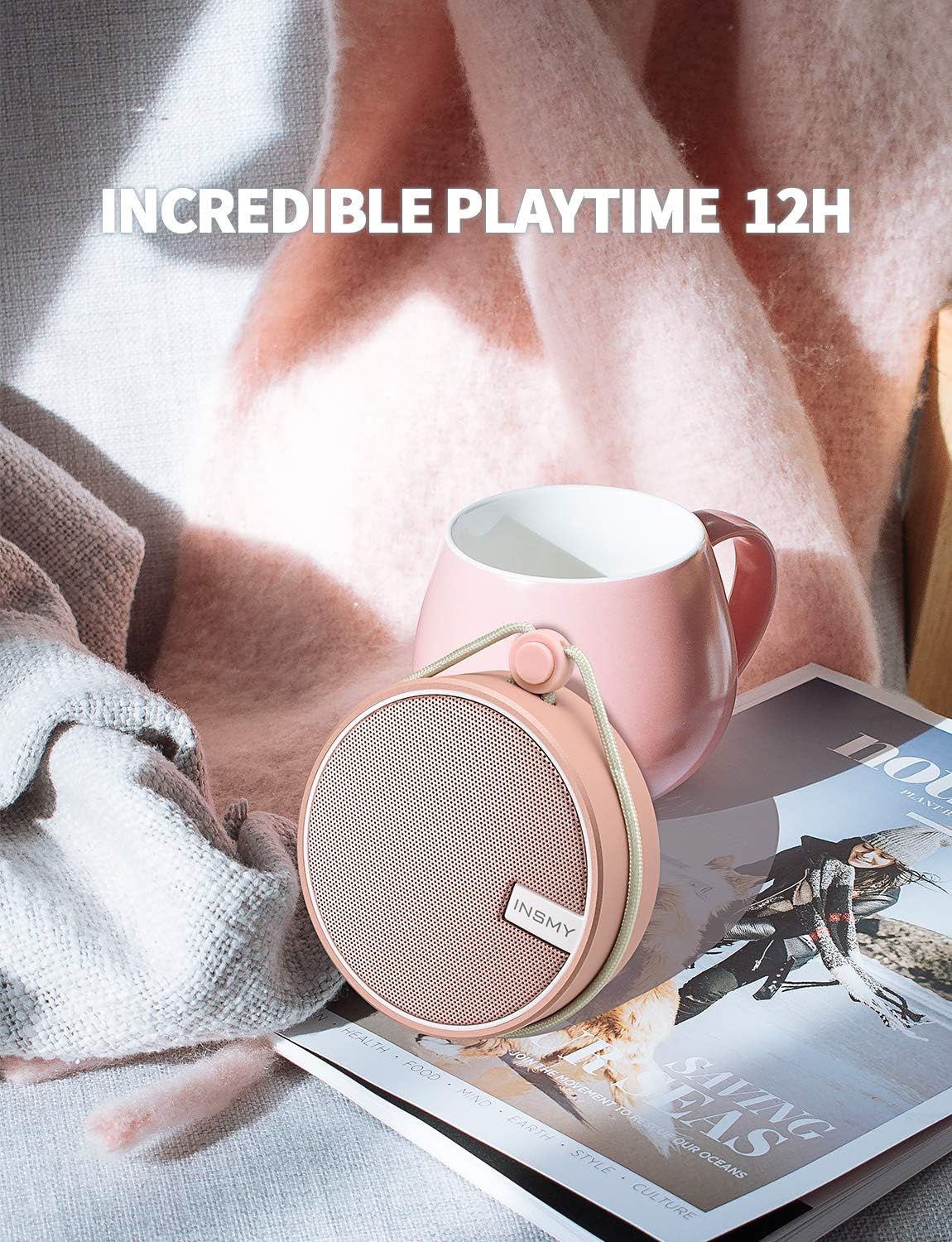 INSMY C12 IPX7 Waterproof Shower Bluetooth Speaker, Portable Small Speaker, Speakers Bluetooth Wireless Loud Clear Sound Support TF Card Suction Cup for Outdoor Kayak Canoe Beach Gift (Cashmere Pink)