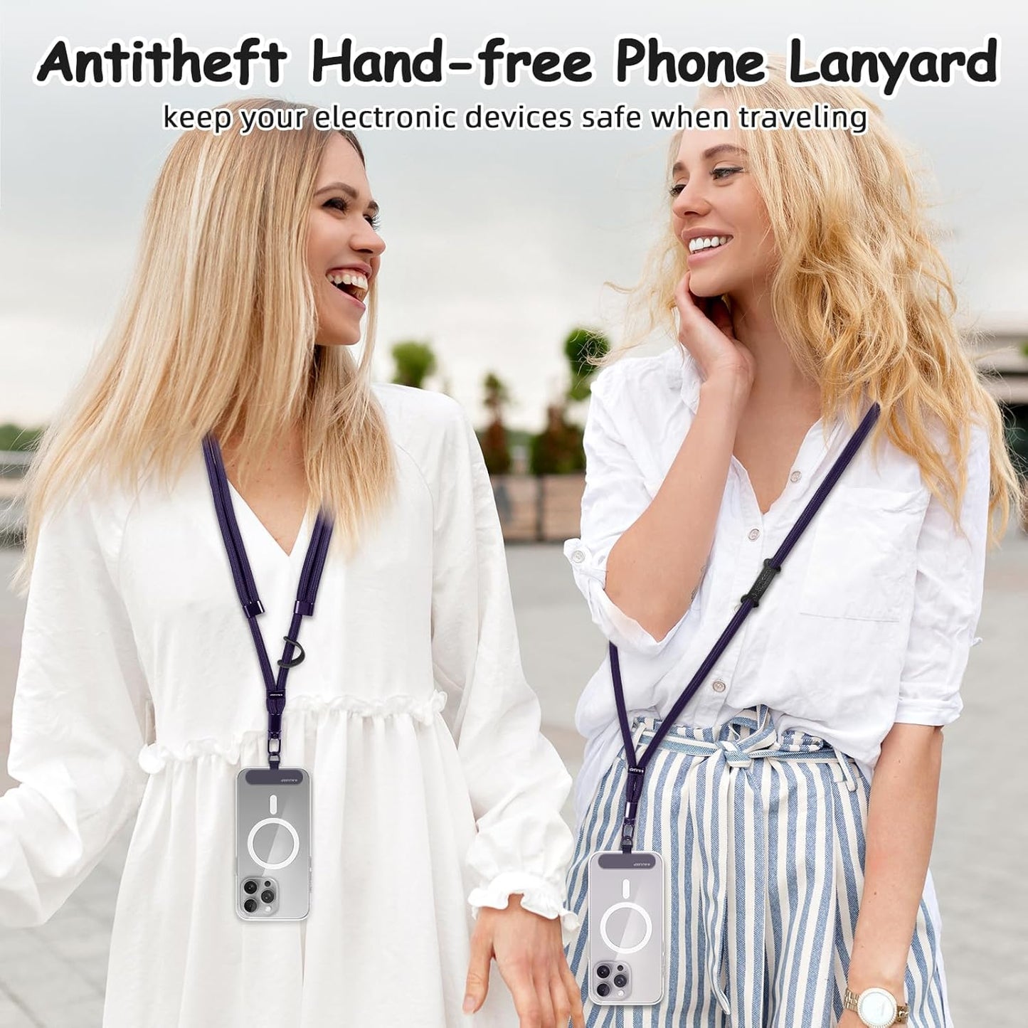 AULEEP Universal Phone Lanyard Corssbody, Anti-theft Phone Strap for Women and Men, Adjustable Cell Phone Neck Lanyard for all iPhone and Smartphone, with 2 Phone Tethers (Metal & Plastic), Purple