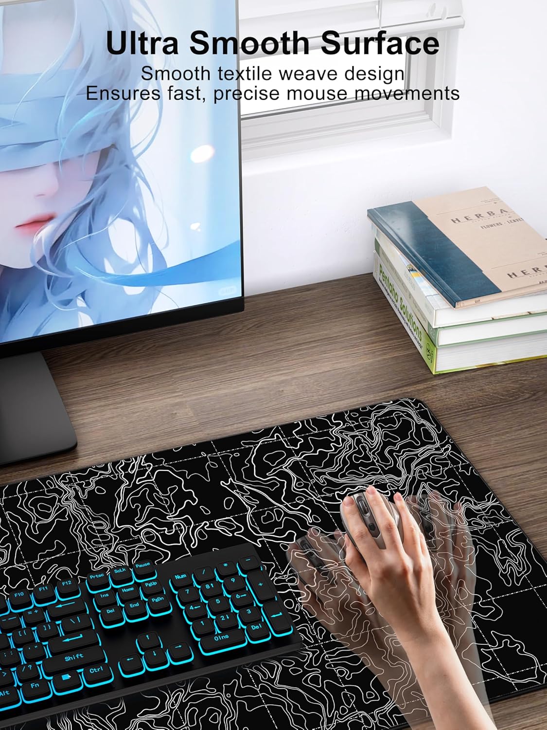 TopMade Mouse Pad with 15W Fast Wireless Charging, 31.5"x15.75" XXL Large Gaming Waterproof Desk Pad with Ultra-Smooth Surface, Non-Slip Base, Computer Desk Mat, Black Topographic Map #3