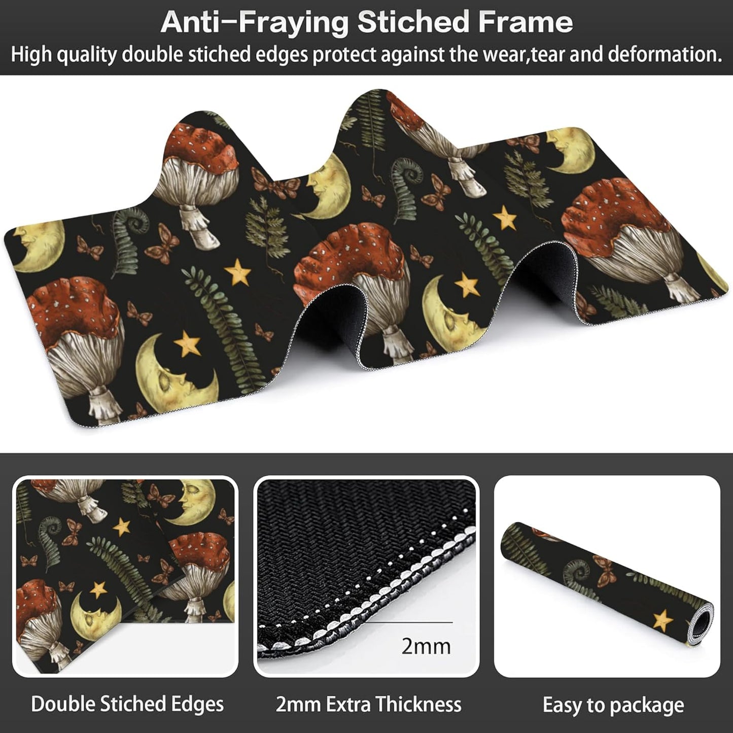 Vintage Magic Forest Desk Mat,Large Moon Amanita Mushroom and Forest Botanical Gaming Keyboard Mouse Pad,Non-Slip Rubber Base Desk Pad Thick Stitched Edges Waterproof Mousepad Mouse Mat 31.5"x11.8"