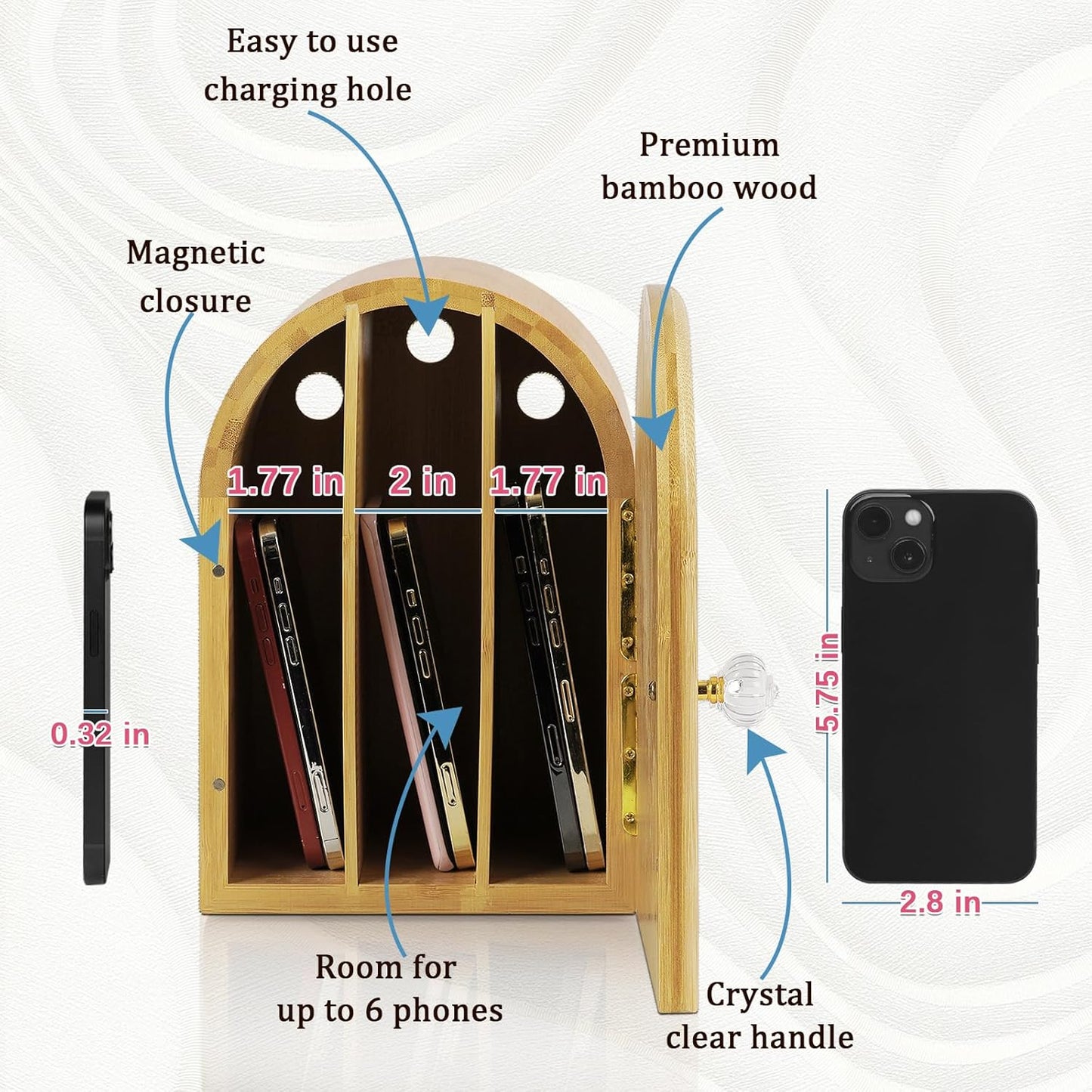 Phone Box for Family Time, Bamboo Cell Phone Jail, 3 Sections Hold 6 Phones, with Charging Holes, Phone Holder Self-Discipline Box, Help Kids Adults Focus Back, Mobile Phone Addiction (Wood)