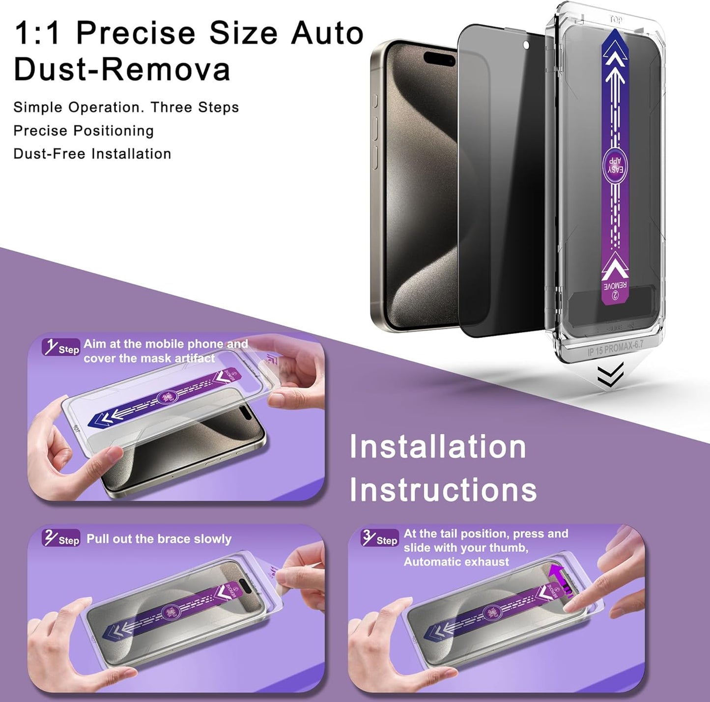 2 Pack Privacy Screen Protector for iPhone 15 Pro Max, 9H Tempered Glass, Full Coverage, Anti-Fingerprint, Auto Dust-Elimination, No Bubble,Easy Installation