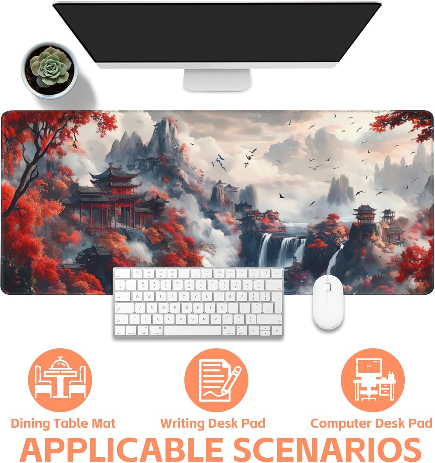 Mouse Pad Large Chinese-Style Landscape Painting Non-Slip Gaming Desk Mat with Stitched Edge Laptop Keyboard Desk Pad for Work Home Gaming (35.4 x 15.7 Inches)