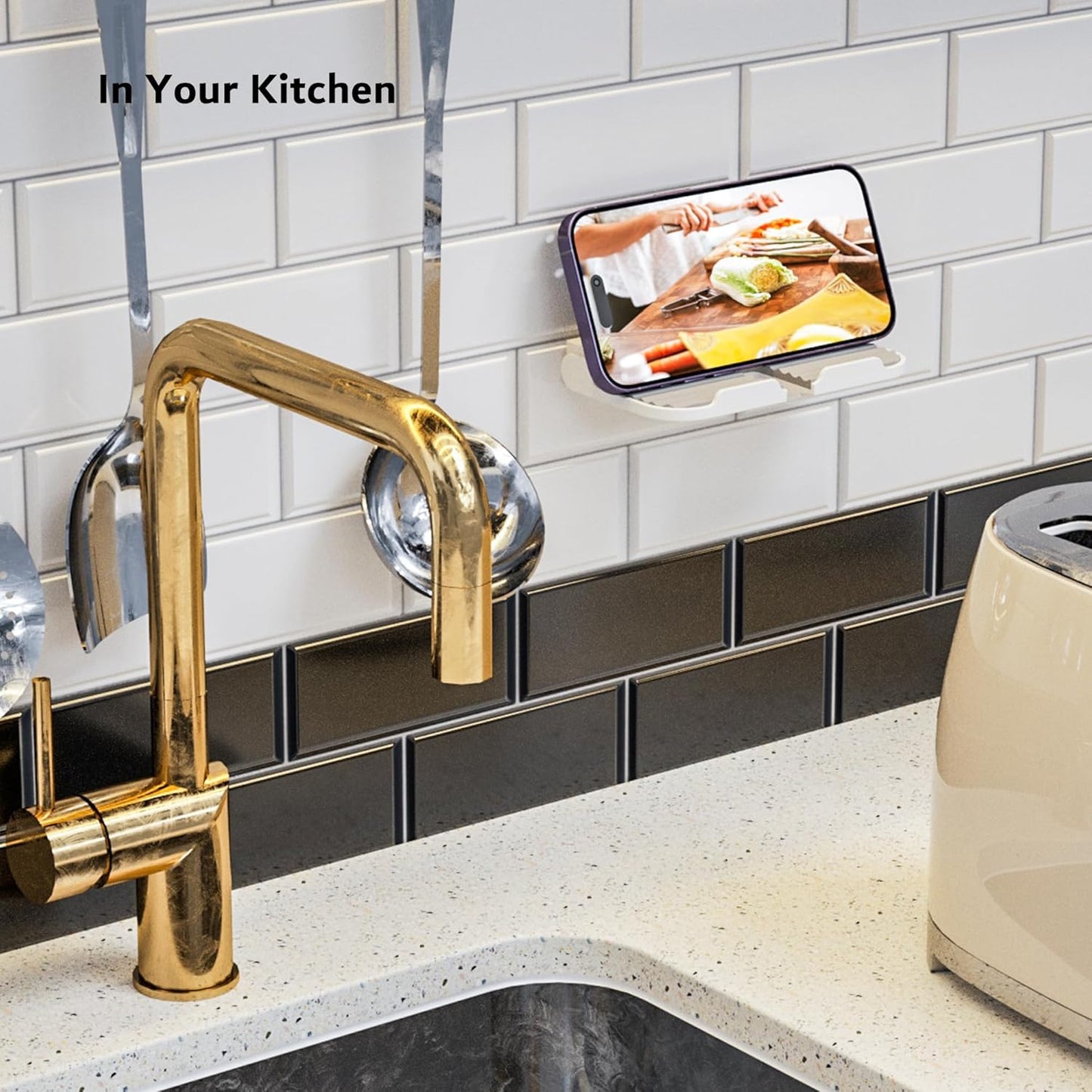 pzoz Wall Mount Cell Phone Holder for Outlet, Foldable Cellphone Stand for Mirror Bathroom Shelf Shower Bedroom Kitchen or Dorm Charging, Compatible with iPhone iPad or Tablet (White)