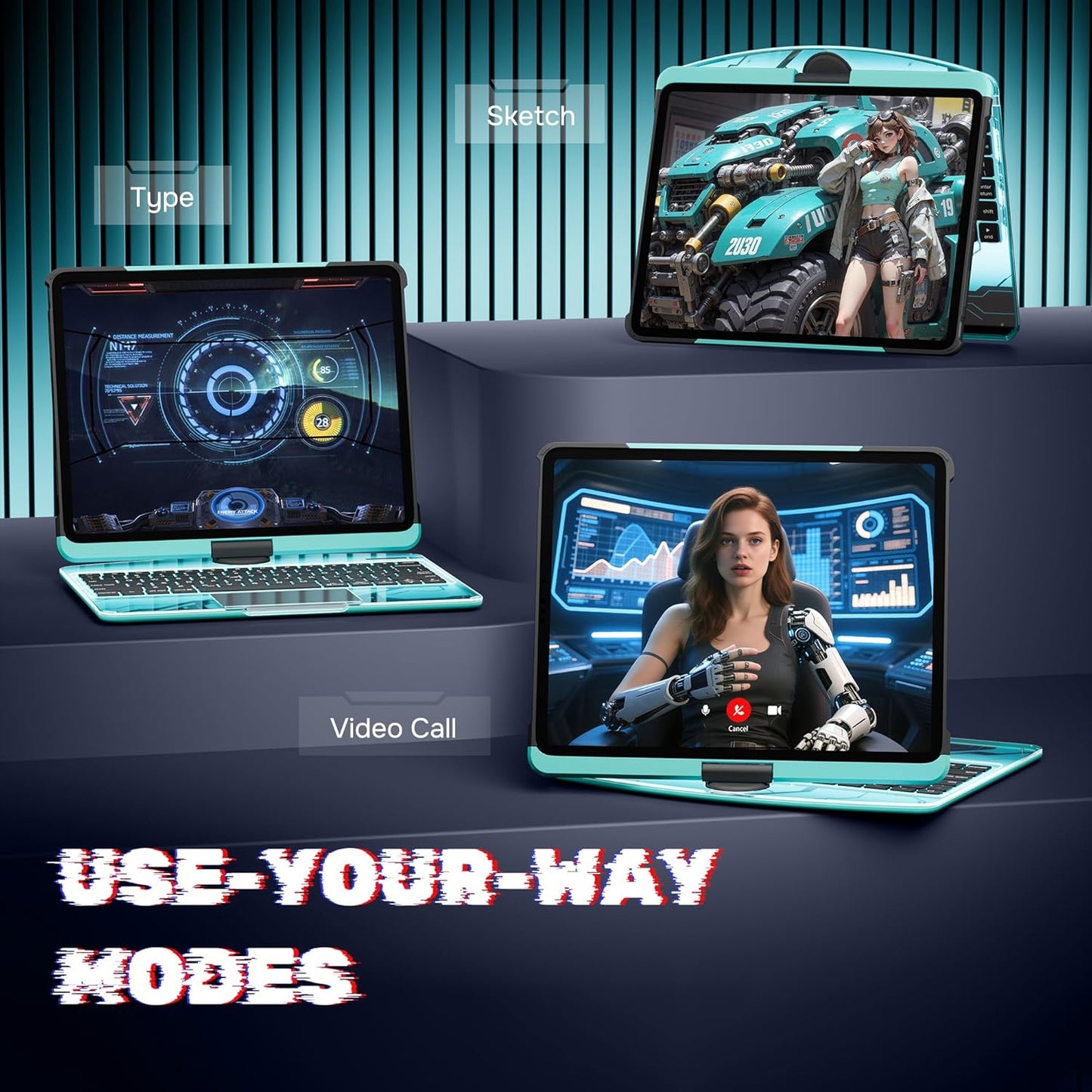 KITONE for iPad Air 11 Inch (M3/M2,2025/2024) Transperant Case with Wireless Keyboard, 7 Color Backlight, Trackpad, 360°Rotating Stand for 10.9" iPad Air 5th/4th, 11" iPad Pro 4/3/2/1 Case, Cyberpunk