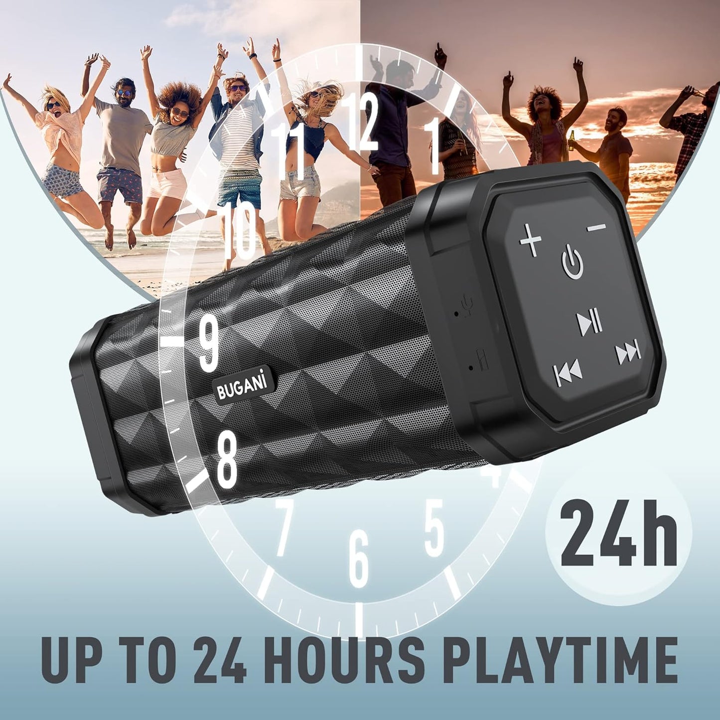 BUGANI Bluetooth Speakers Portable Bluetooth Speaker, 100ft Wireless Range, Louder Volume, Stereo Sound, Amazing Bass 24H Playtime, IPX5, Built-in Mic, Wireless Speaker for Ourdoor Indoor(Black)